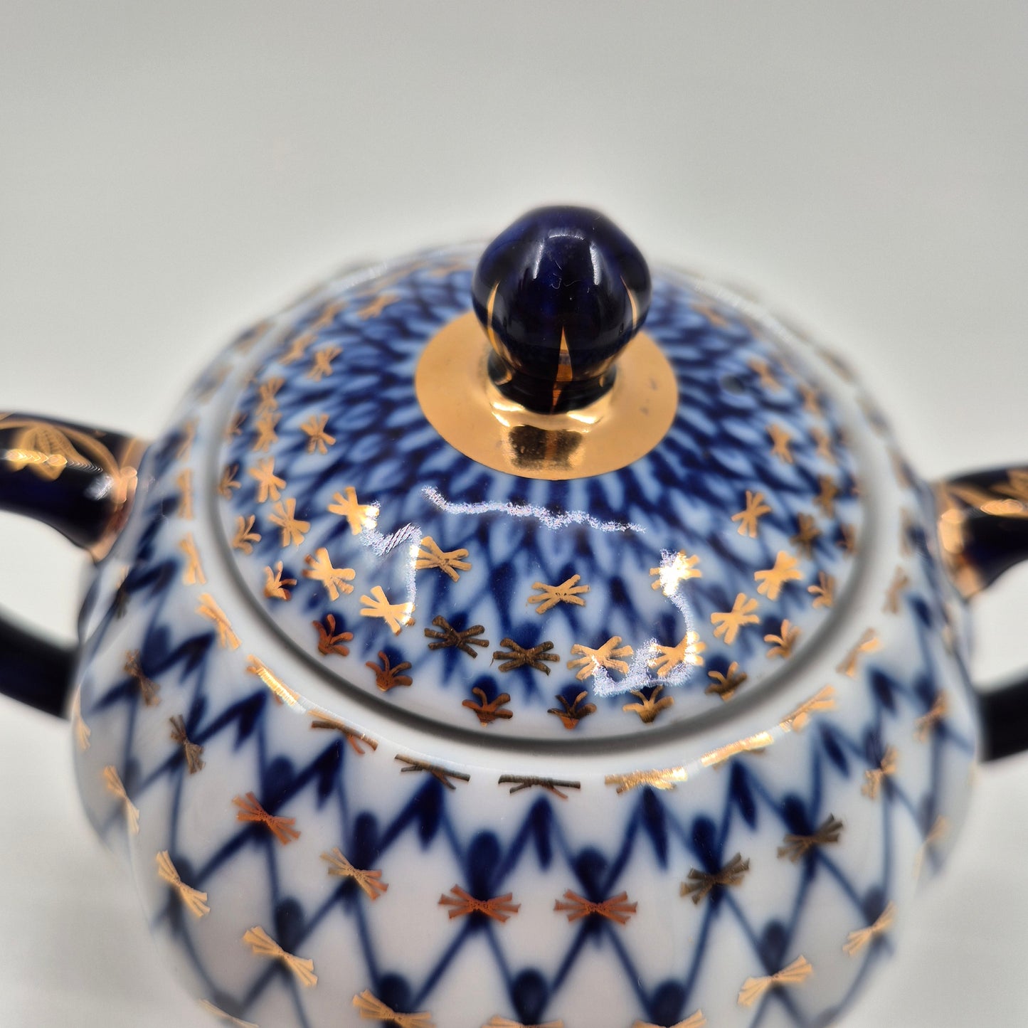 Lomonosov Imperial Porcelain Cobalt Net Sugar Bowl & Creamer