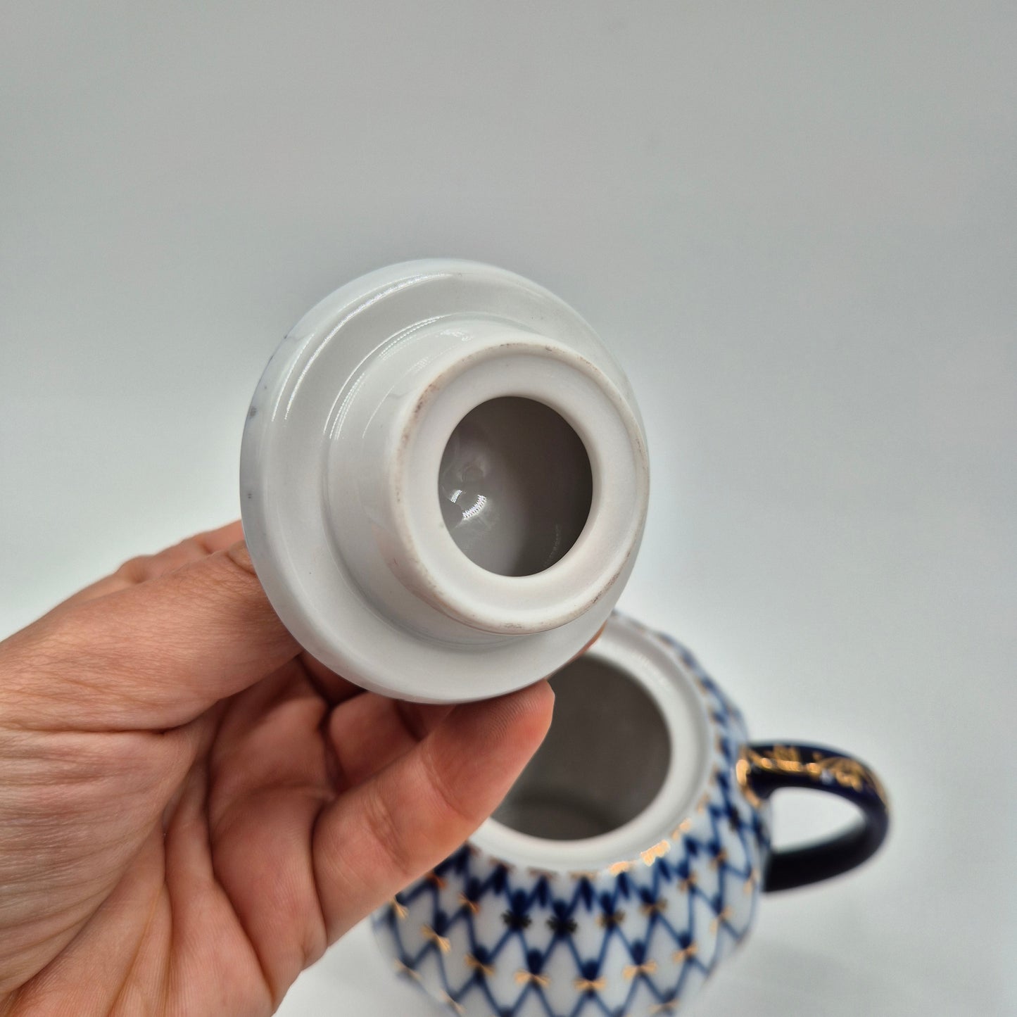 Lomonosov Imperial Porcelain Cobalt Net Sugar Bowl & Creamer