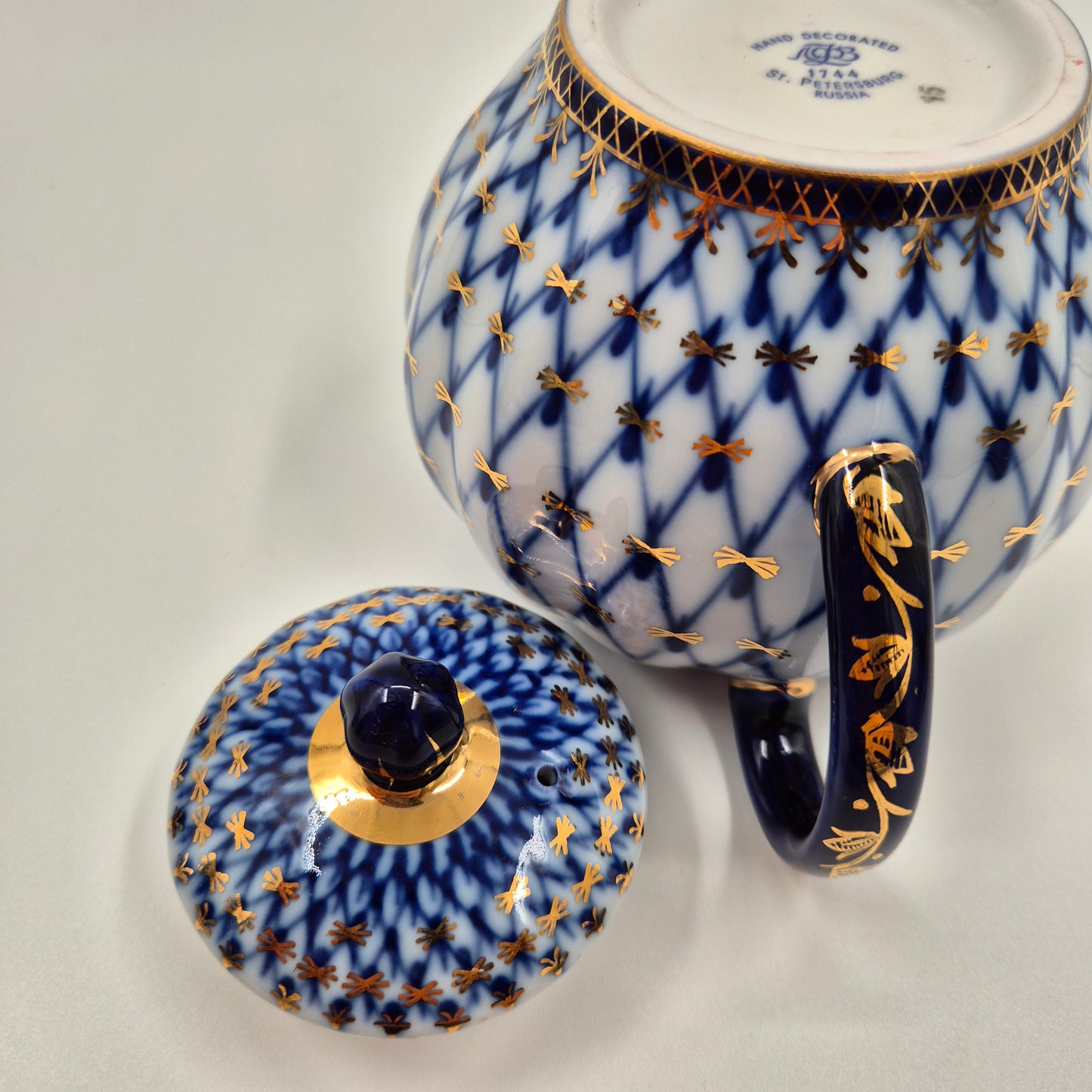 Lomonosov Imperial Porcelain Cobalt Net Sugar Bowl & Creamer