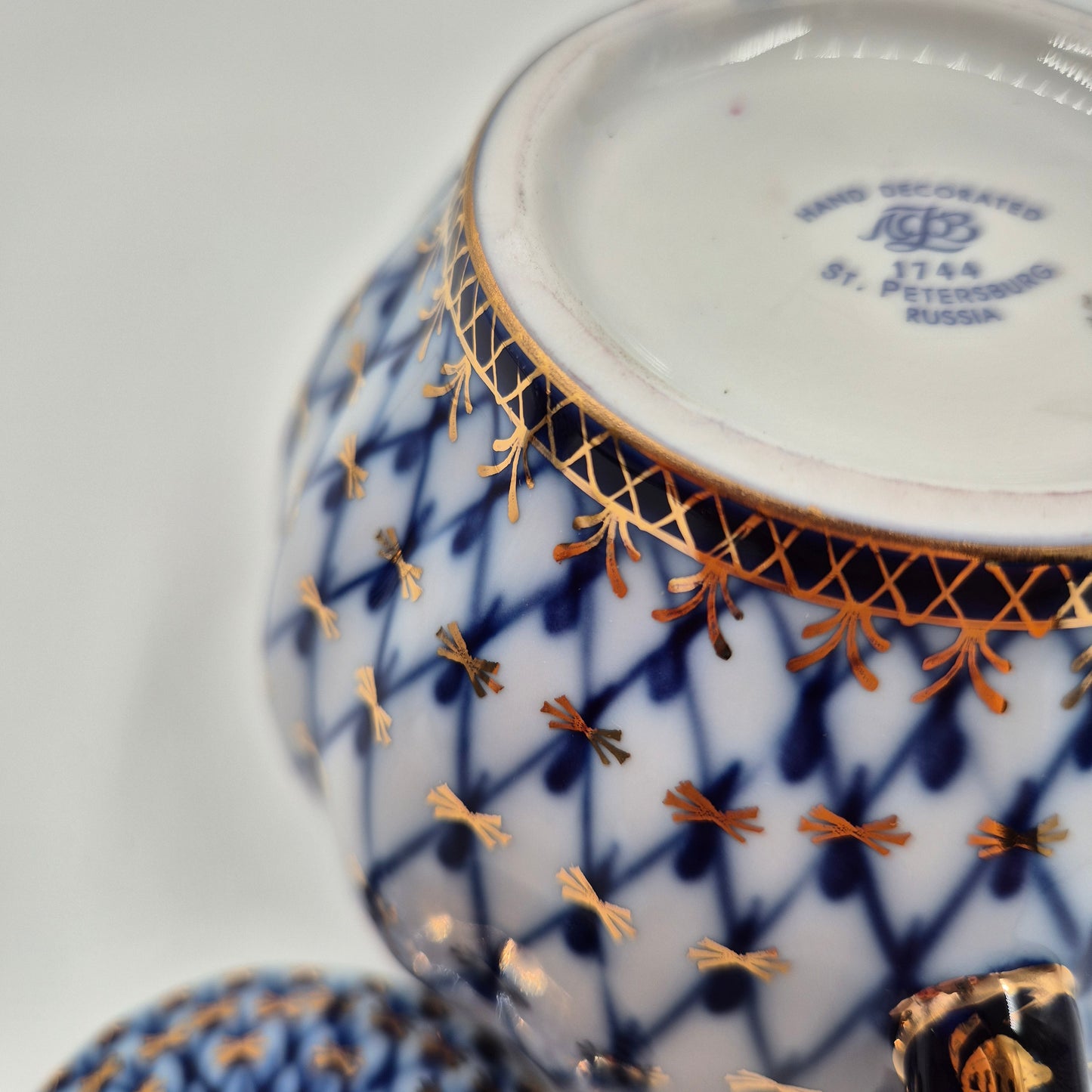 Lomonosov Imperial Porcelain Cobalt Net Sugar Bowl & Creamer