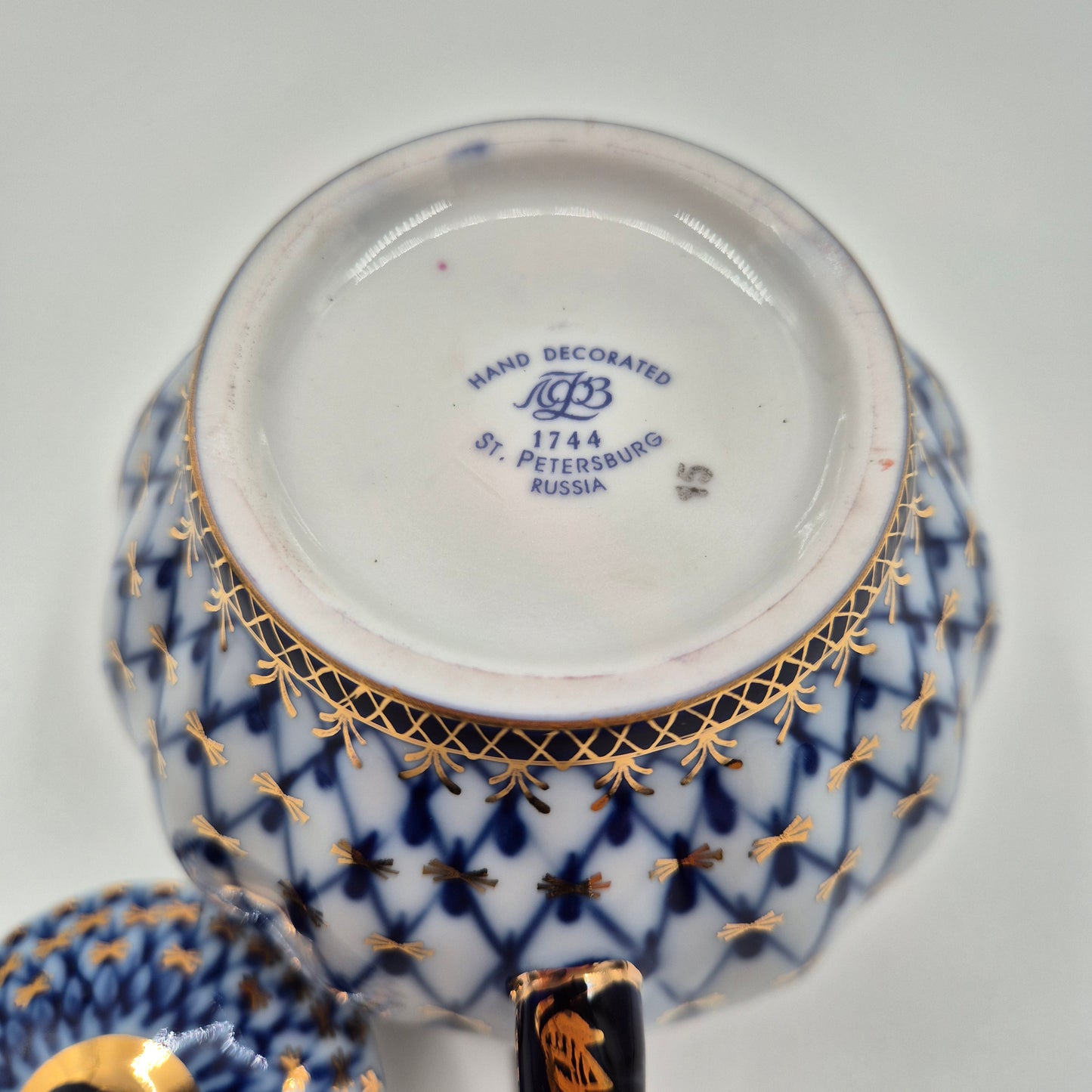 Lomonosov Imperial Porcelain Cobalt Net Sugar Bowl & Creamer