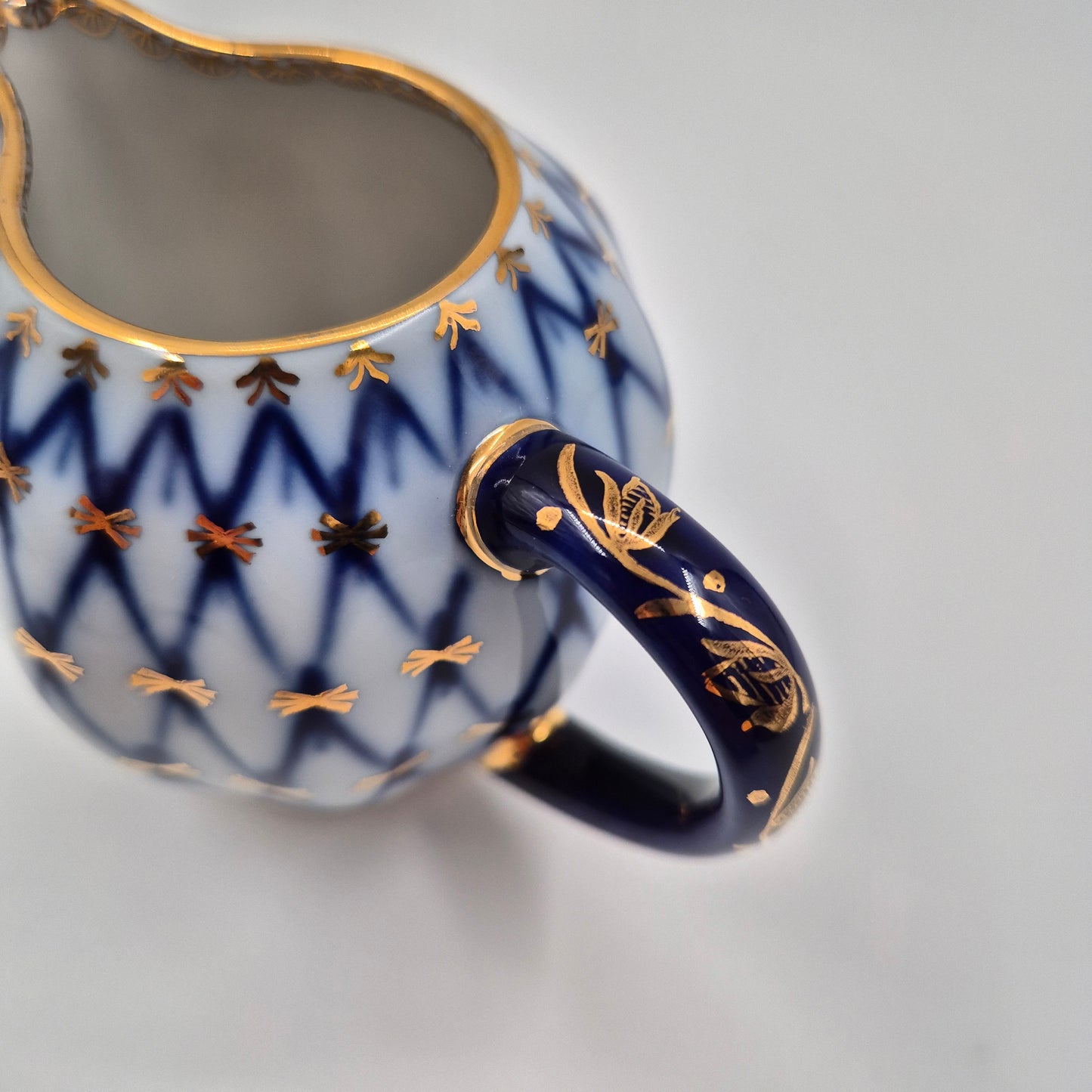 Lomonosov Imperial Porcelain Cobalt Net Sugar Bowl & Creamer