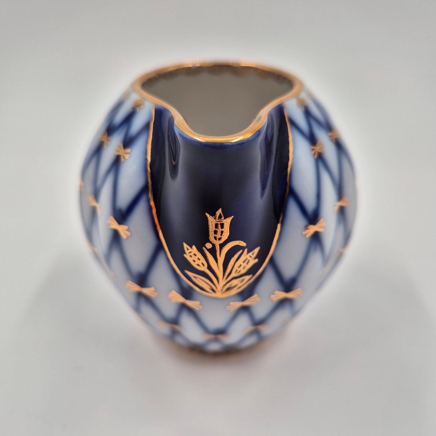 Lomonosov Imperial Porcelain Cobalt Net Sugar Bowl & Creamer