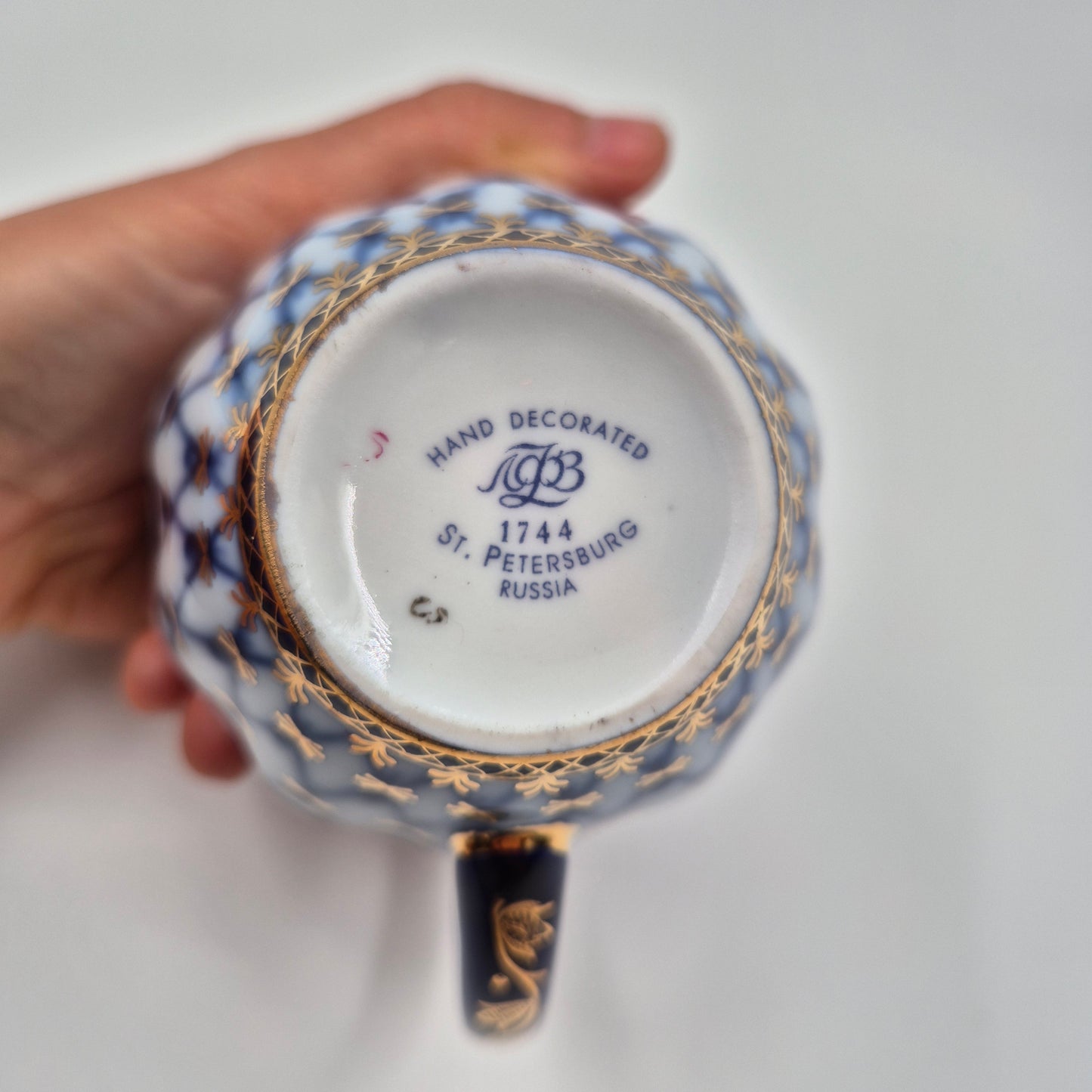 Lomonosov Imperial Porcelain Cobalt Net Sugar Bowl & Creamer