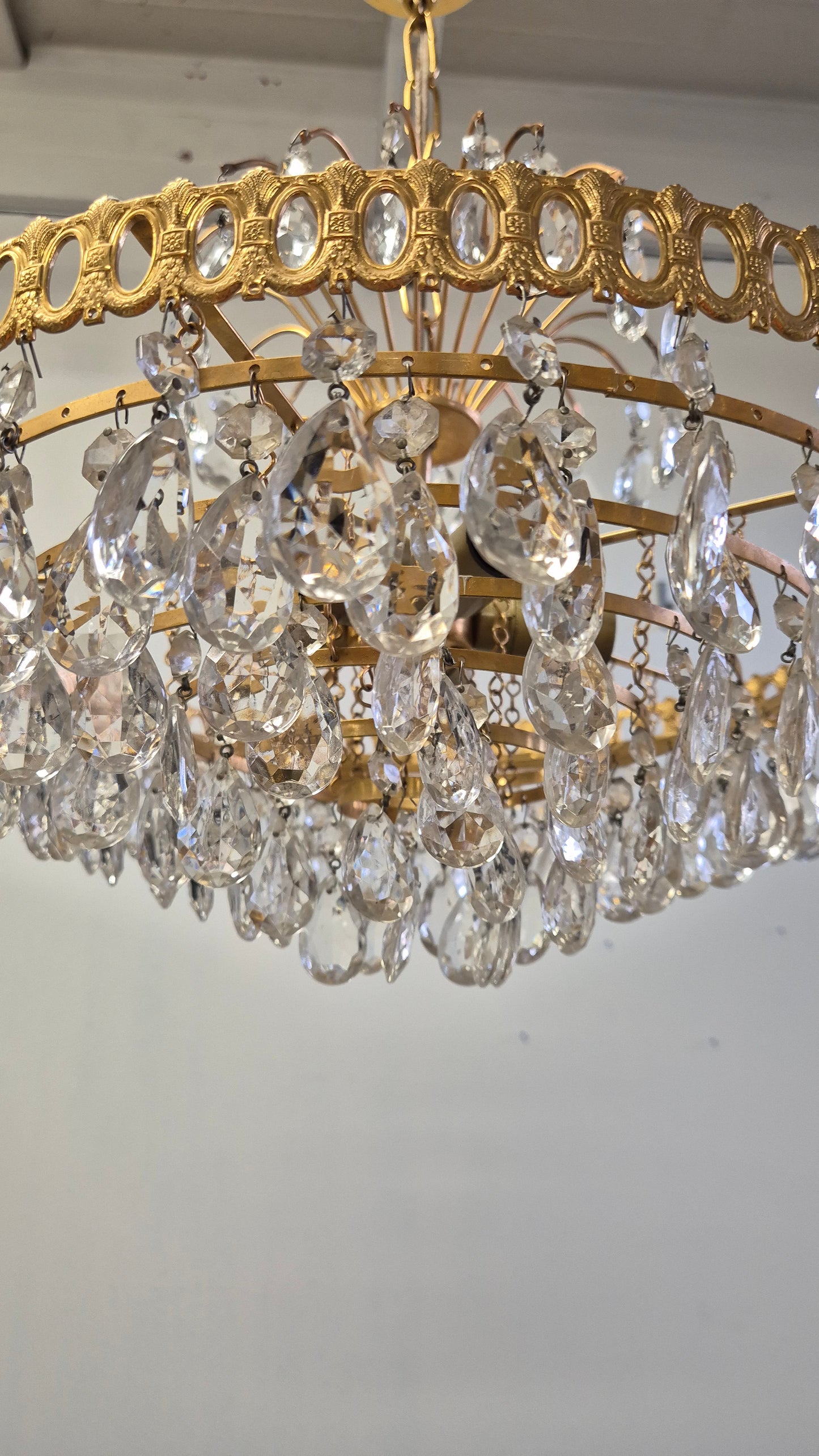 Vintage Brass Lival Crystal Chandelier with Teardrop Crystals
