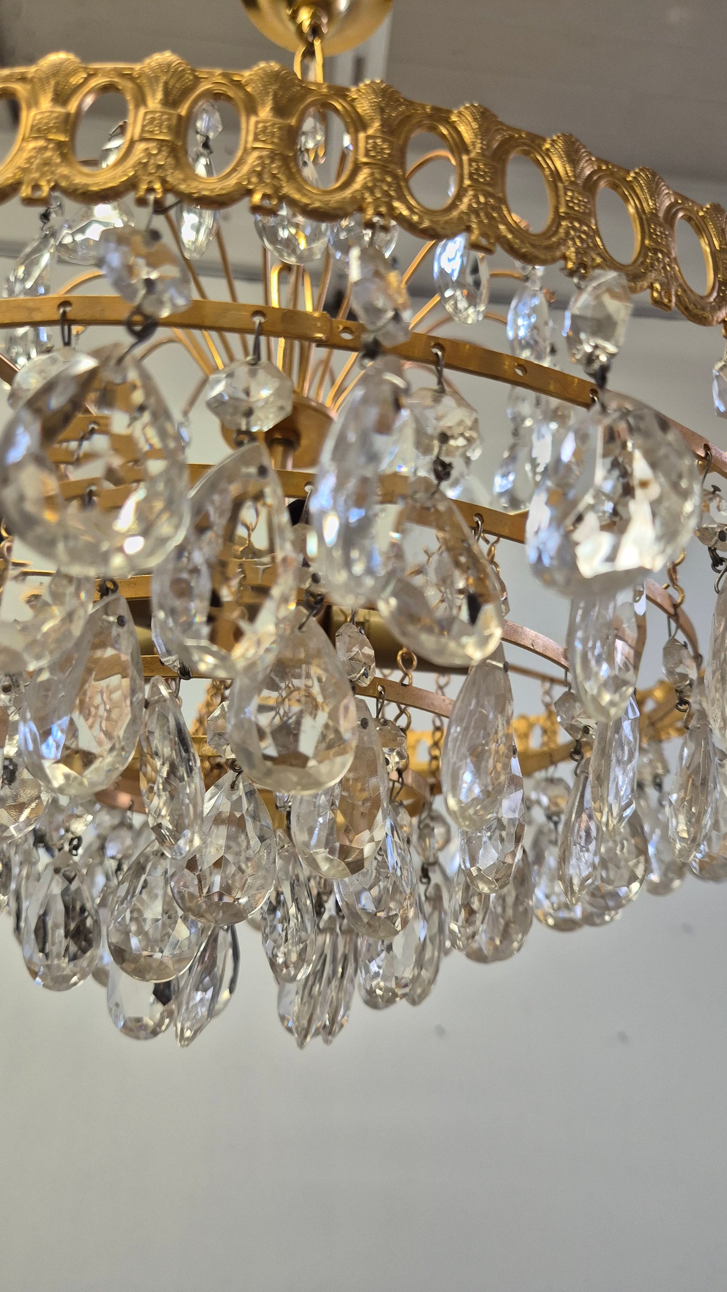 Vintage Brass Lival Crystal Chandelier with Teardrop Crystals