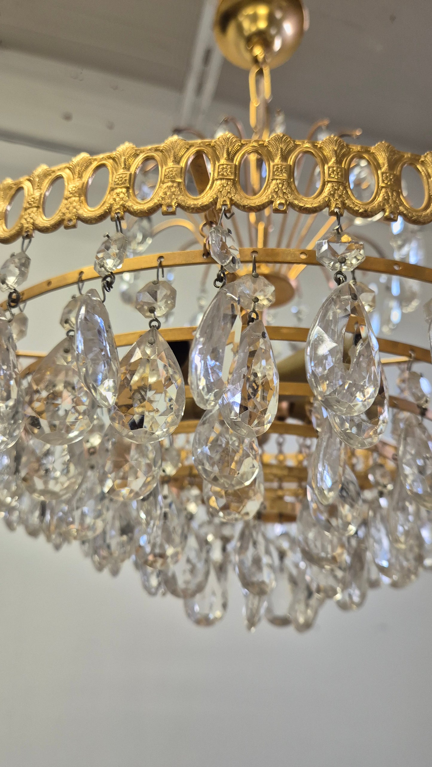 Vintage Brass Lival Crystal Chandelier with Teardrop Crystals