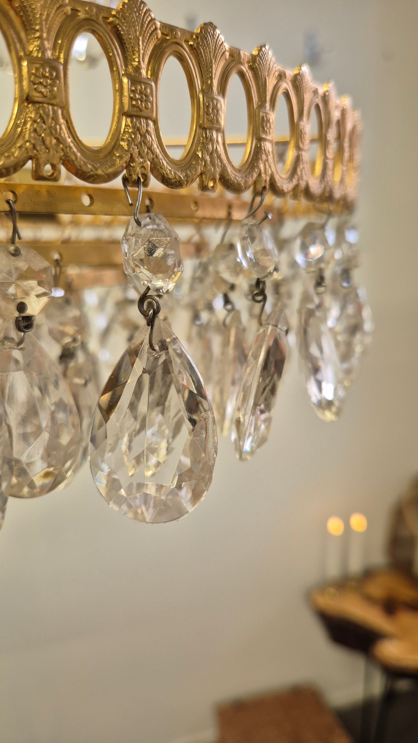 Vintage Brass Lival Crystal Chandelier with Teardrop Crystals