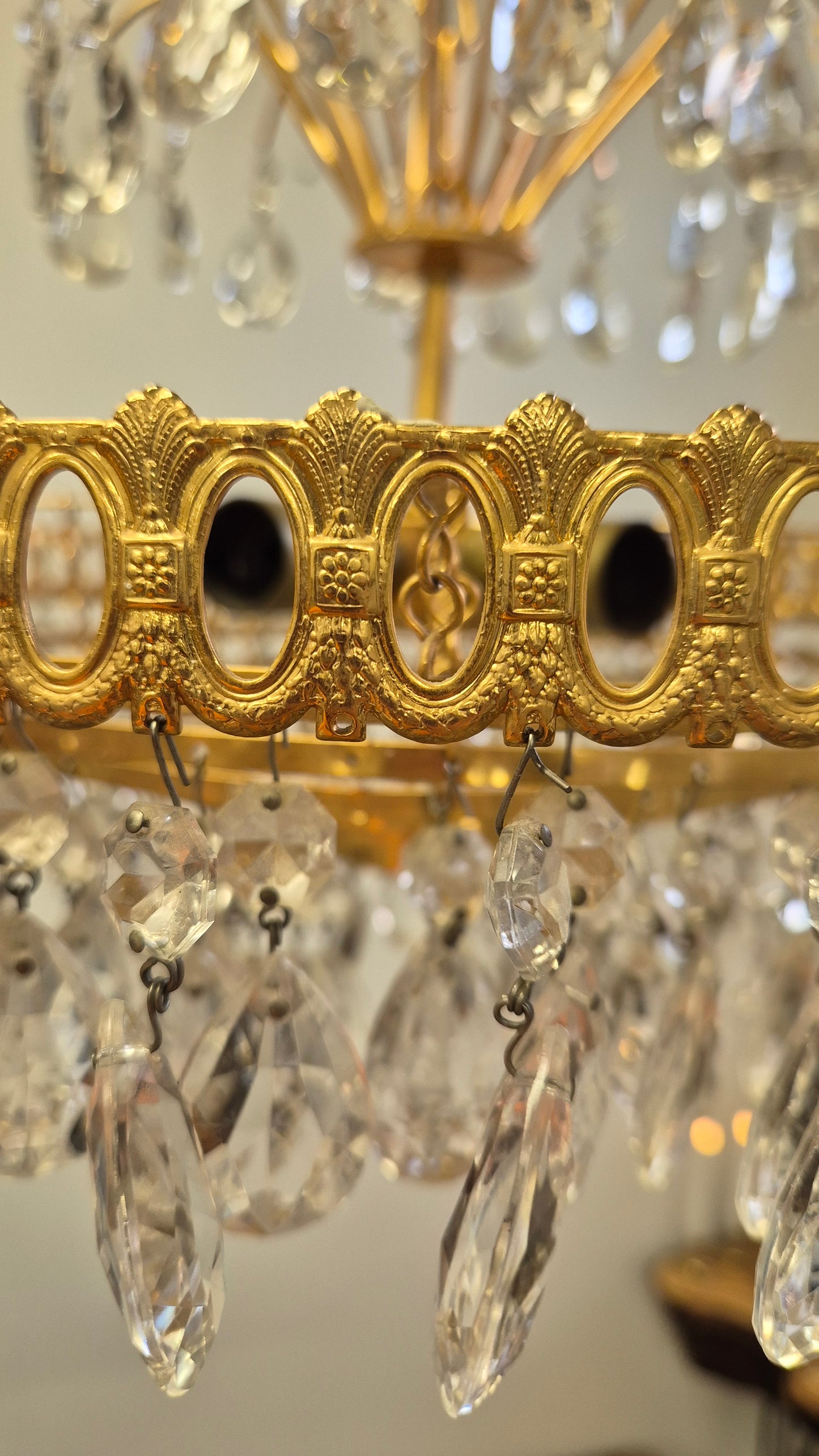 Vintage Brass Lival Crystal Chandelier with Teardrop Crystals