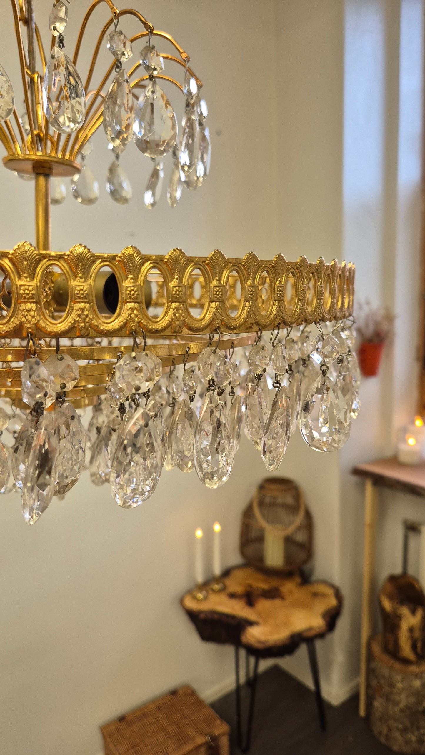 Vintage Brass Lival Crystal Chandelier with Teardrop Crystals