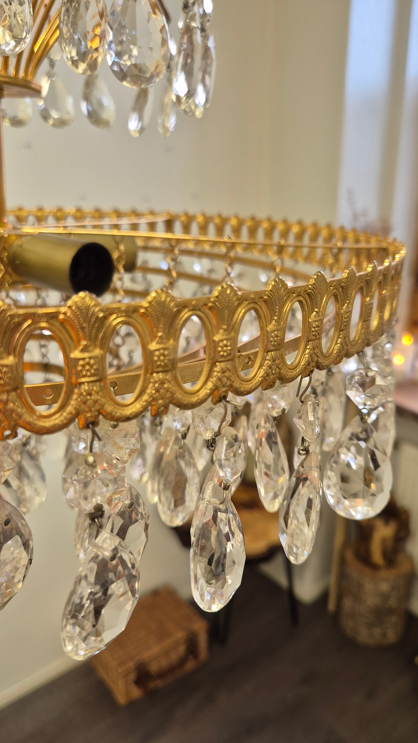 Vintage Brass Lival Crystal Chandelier with Teardrop Crystals