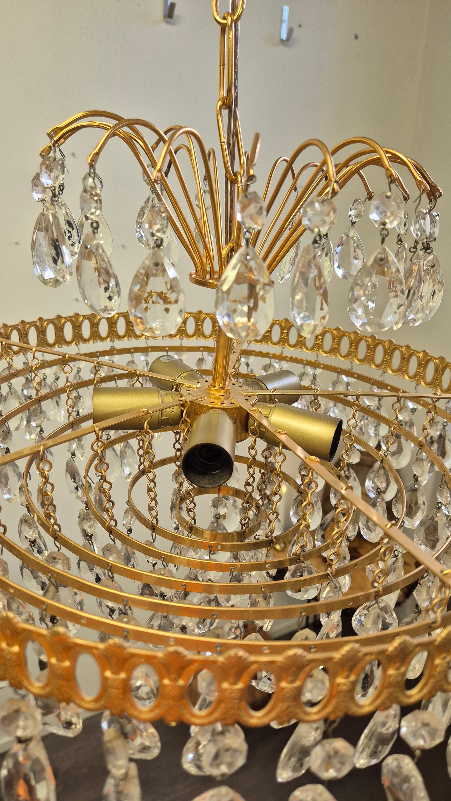 Vintage Brass Lival Crystal Chandelier with Teardrop Crystals