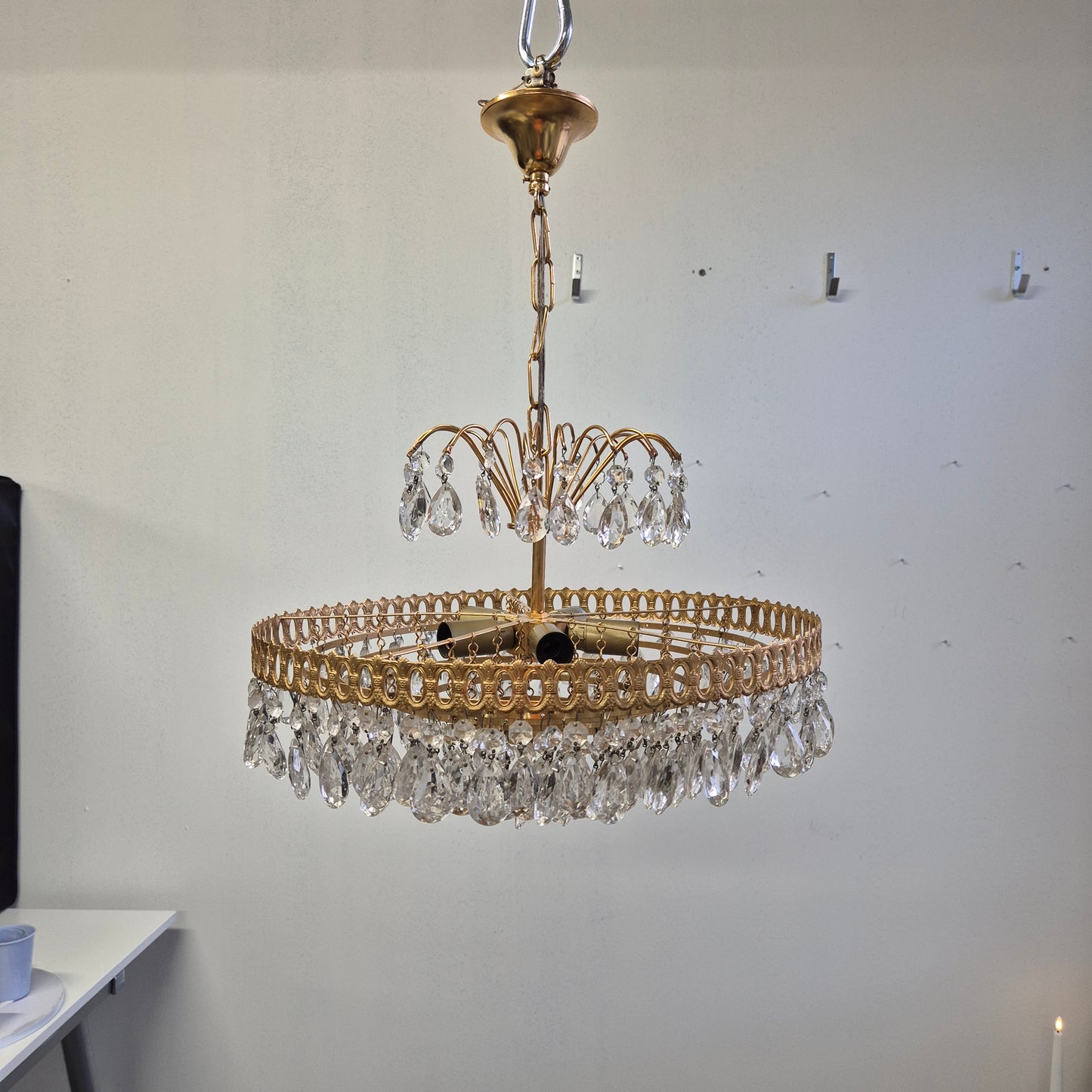 Vintage Brass Lival Crystal Chandelier with Teardrop Crystals