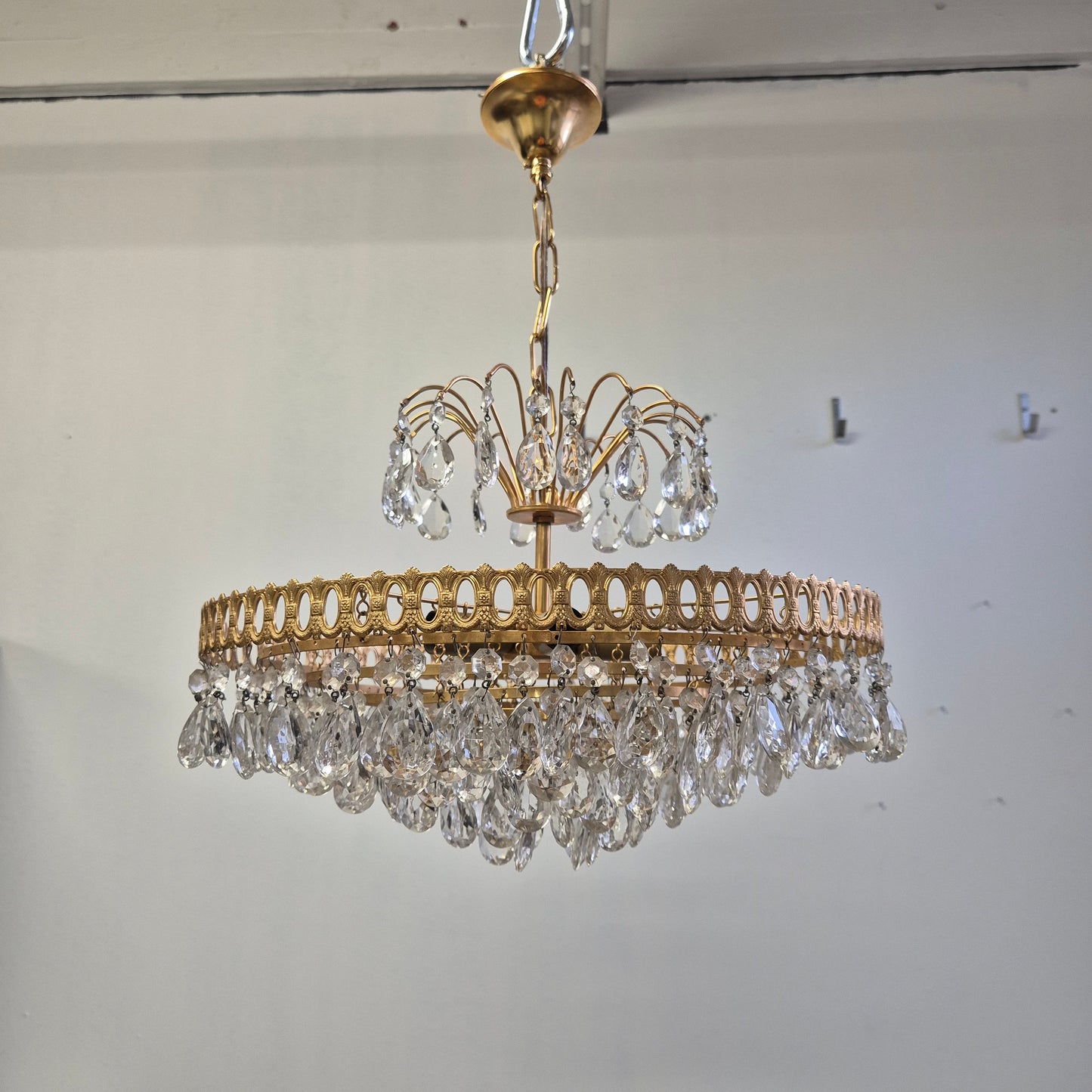 Vintage Brass Lival Crystal Chandelier with Teardrop Crystals