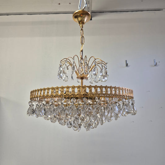 Vintage Brass Lival Crystal Chandelier with Teardrop Crystals