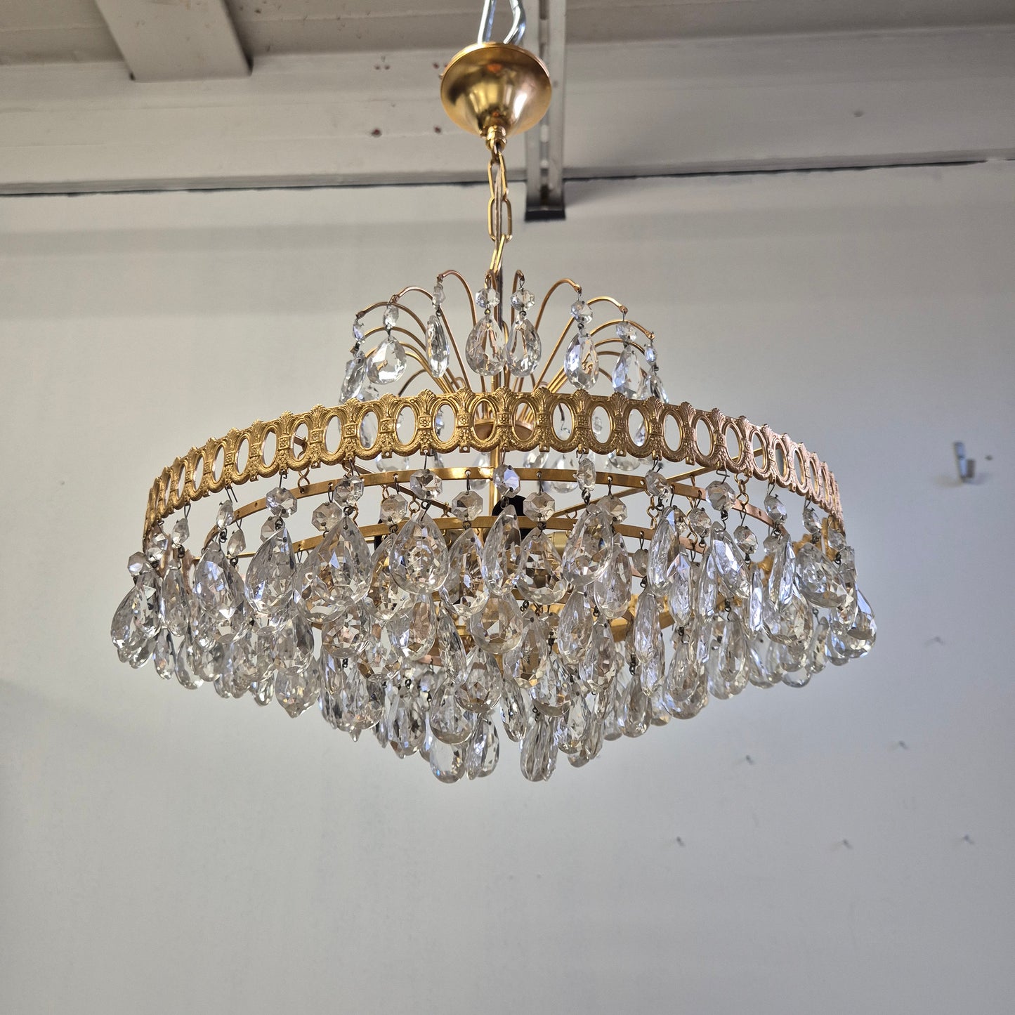 Vintage Brass Lival Crystal Chandelier with Teardrop Crystals