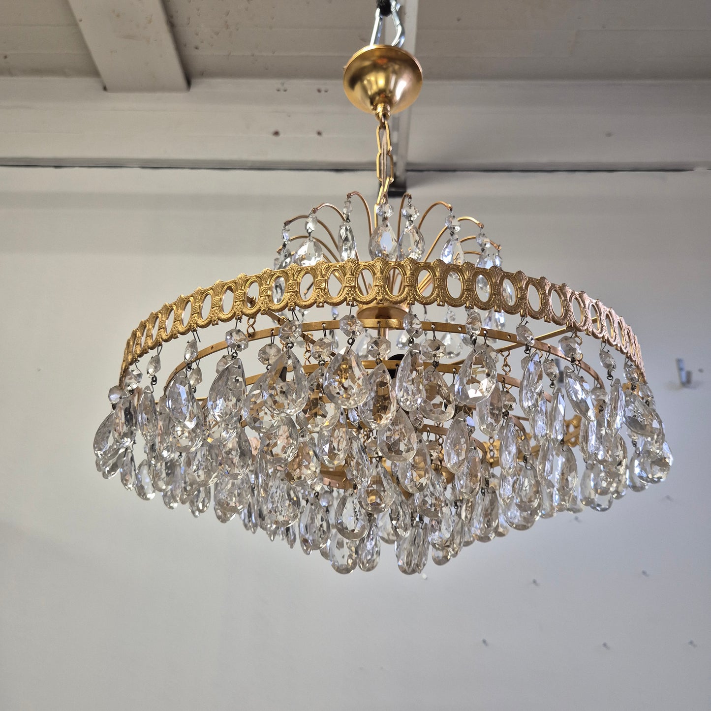 Vintage Brass Lival Crystal Chandelier with Teardrop Crystals