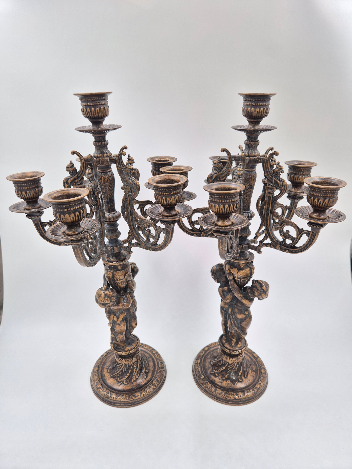 Pair of Antique Finnish 6-Arm Baroque Candelabras with Cherub Figures