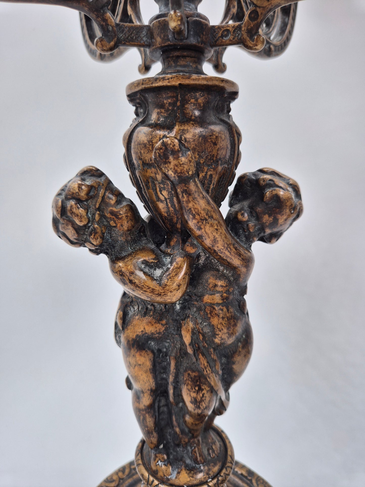 Pair of Antique Finnish 6-Arm Baroque Candelabras with Cherub Figures