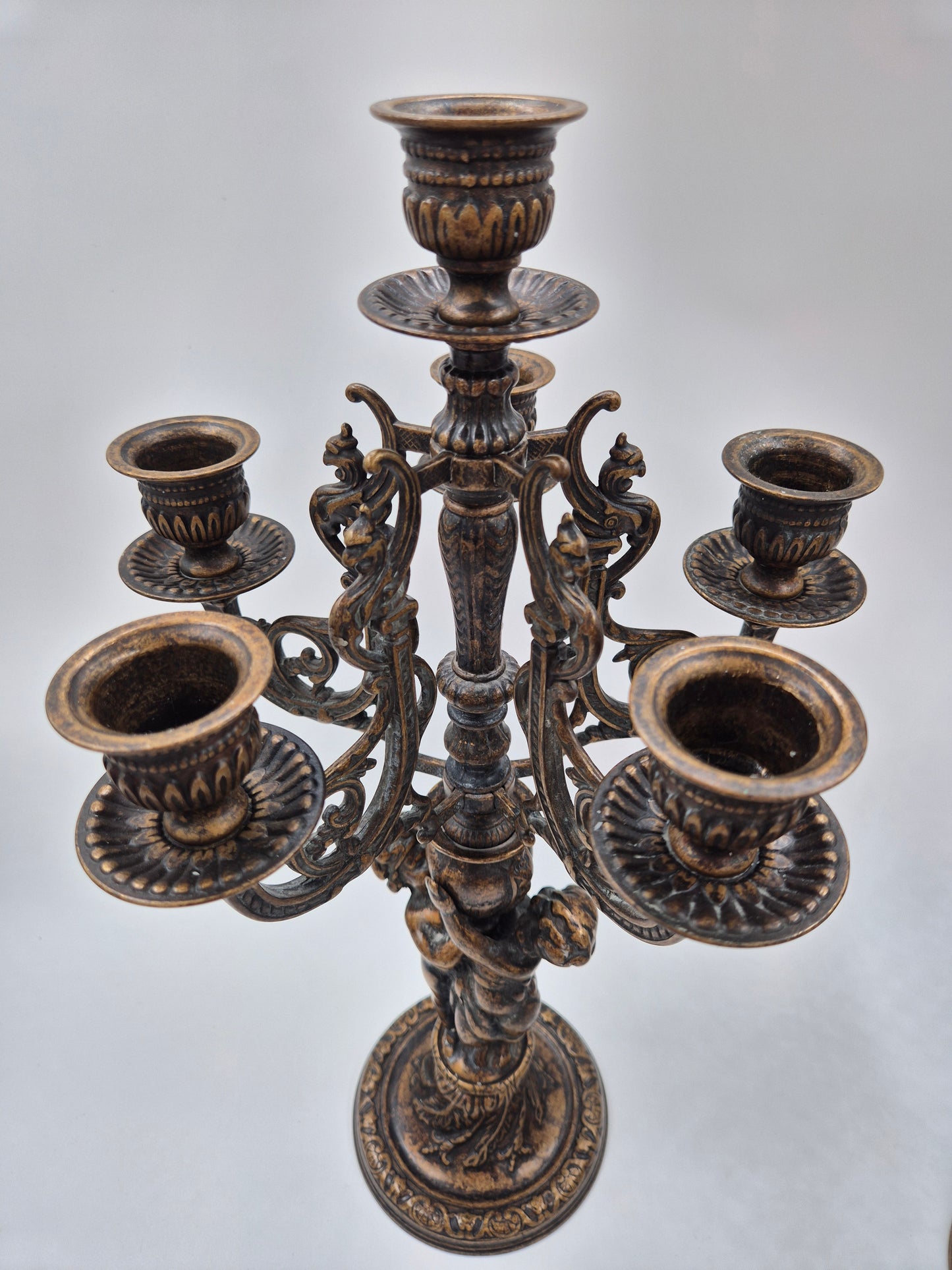Pair of Antique Finnish 6-Arm Baroque Candelabras with Cherub Figures