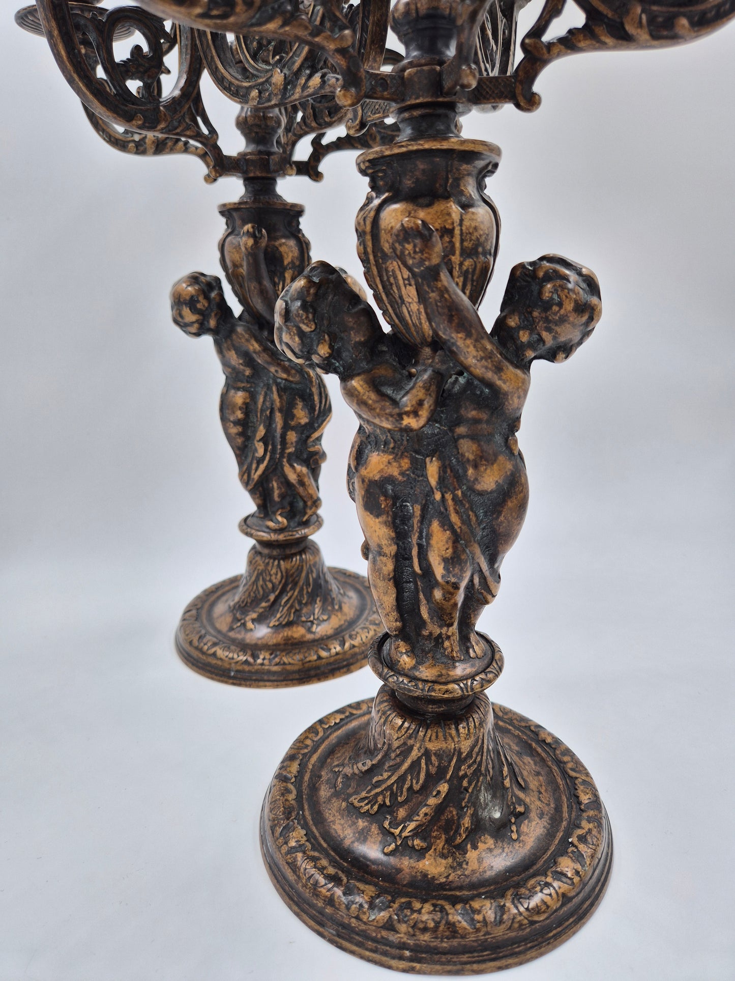 Pair of Antique Finnish 6-Arm Baroque Candelabras with Cherub Figures