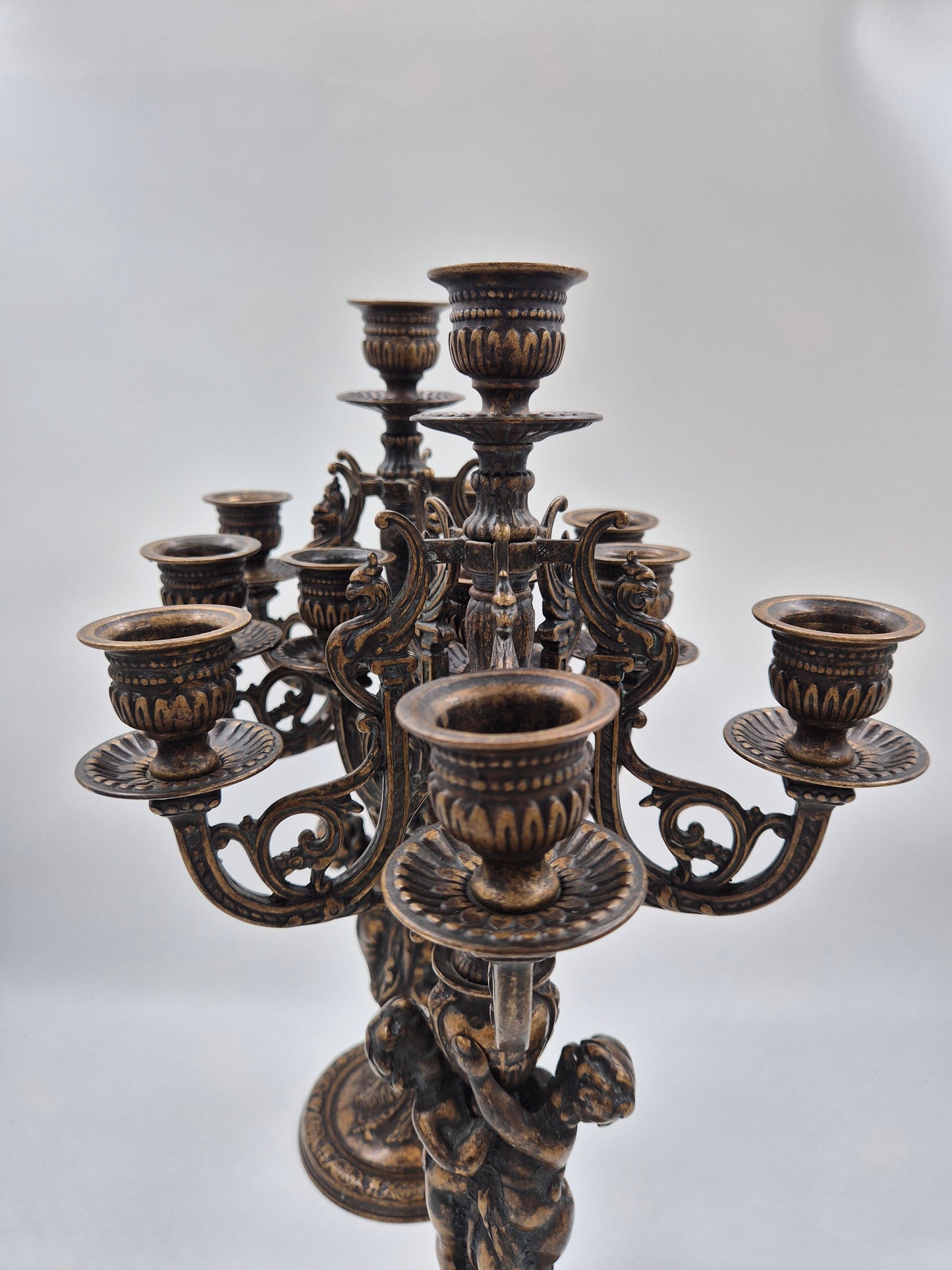 Pair of Antique Finnish 6-Arm Baroque Candelabras with Cherub Figures