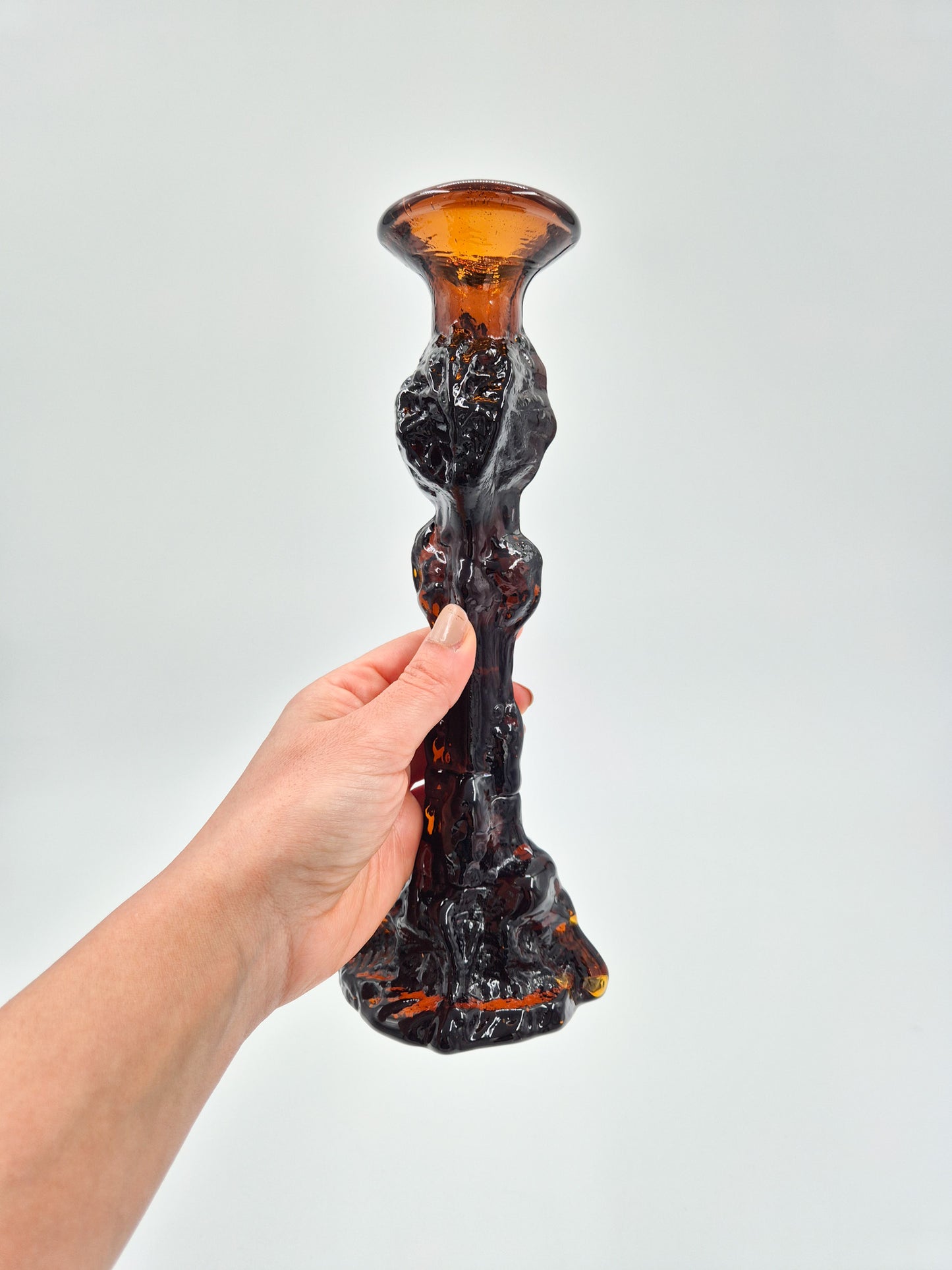 Vintage Humppila Glass Candlestick – Pertti Santalahti – Amber Brown Art Glass – Finnish Design 1970s