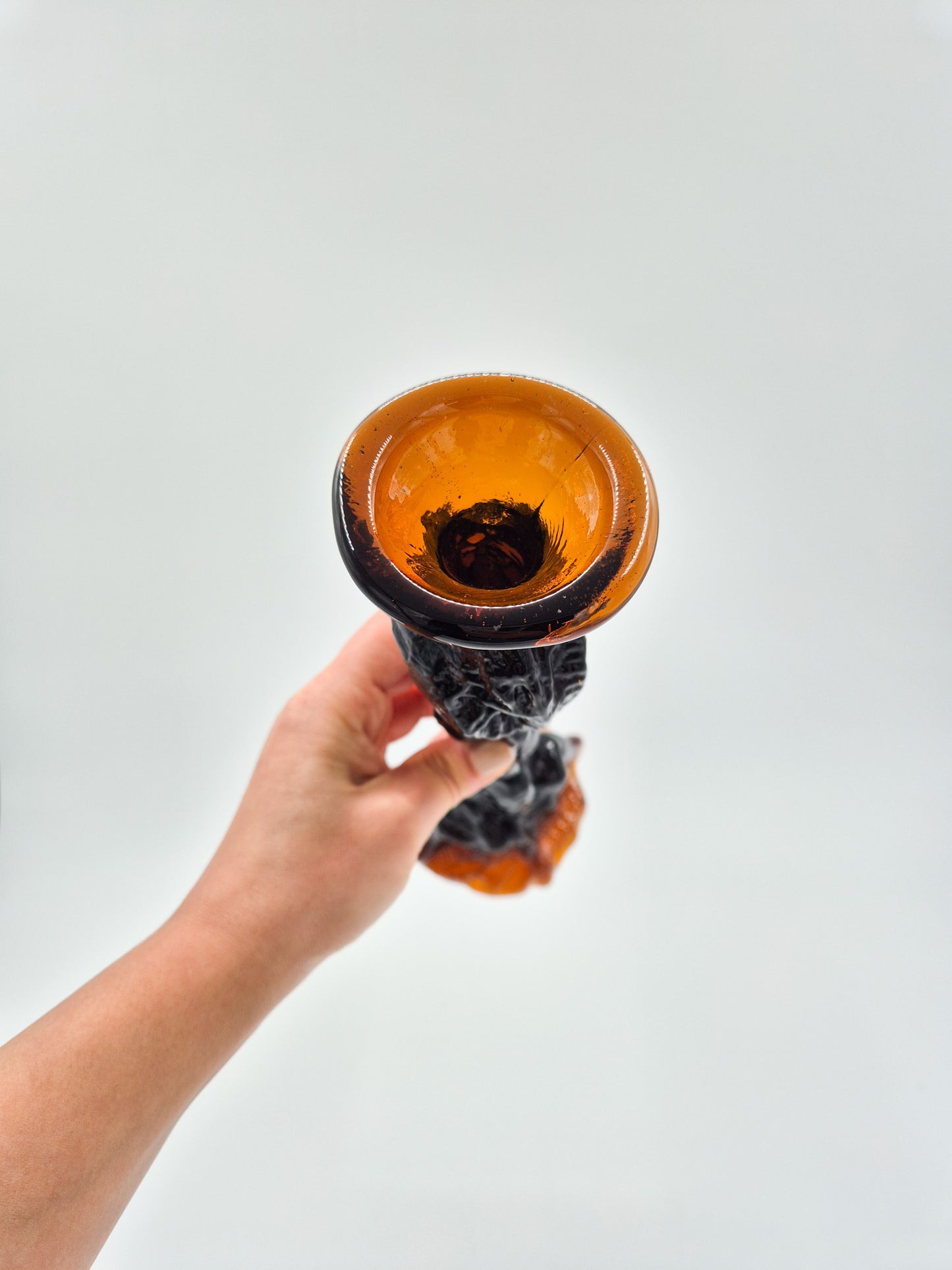 Vintage Humppila Glass Candlestick – Pertti Santalahti – Amber Brown Art Glass – Finnish Design 1970s