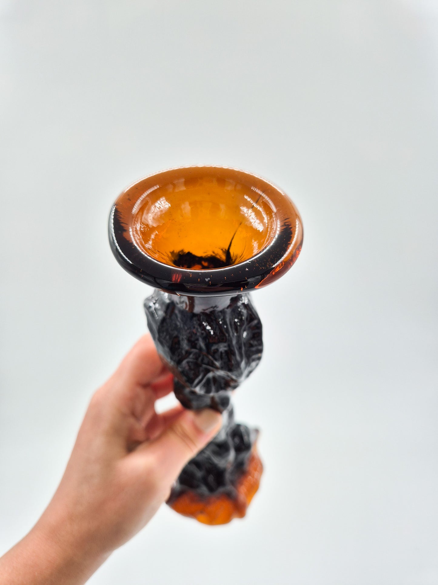 Vintage Humppila Glass Candlestick – Pertti Santalahti – Amber Brown Art Glass – Finnish Design 1970s