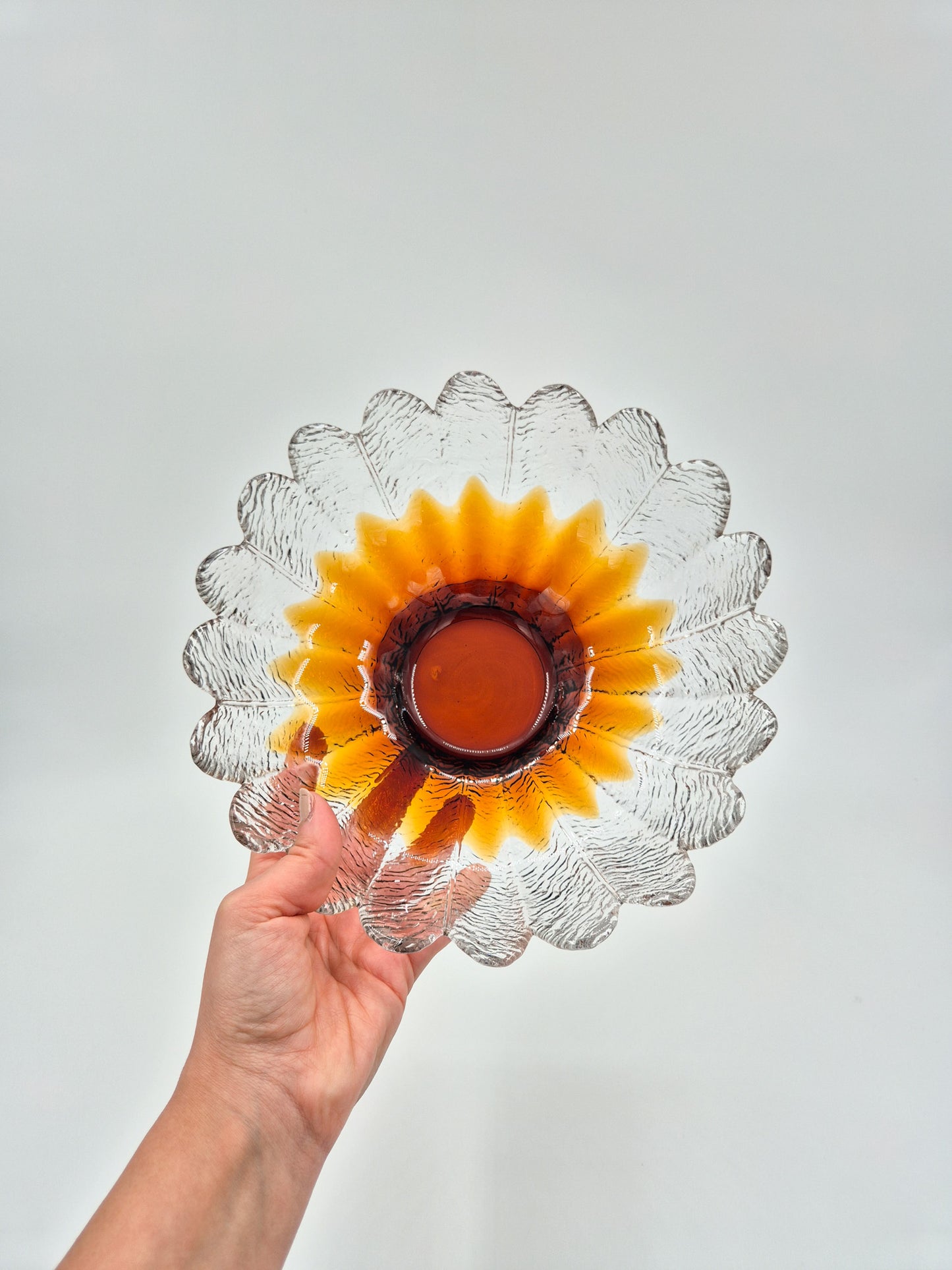 Vintage Humppila Glass Bowl – Amber Sunflower Pressed Glass – Finnish 1970s Art Glass