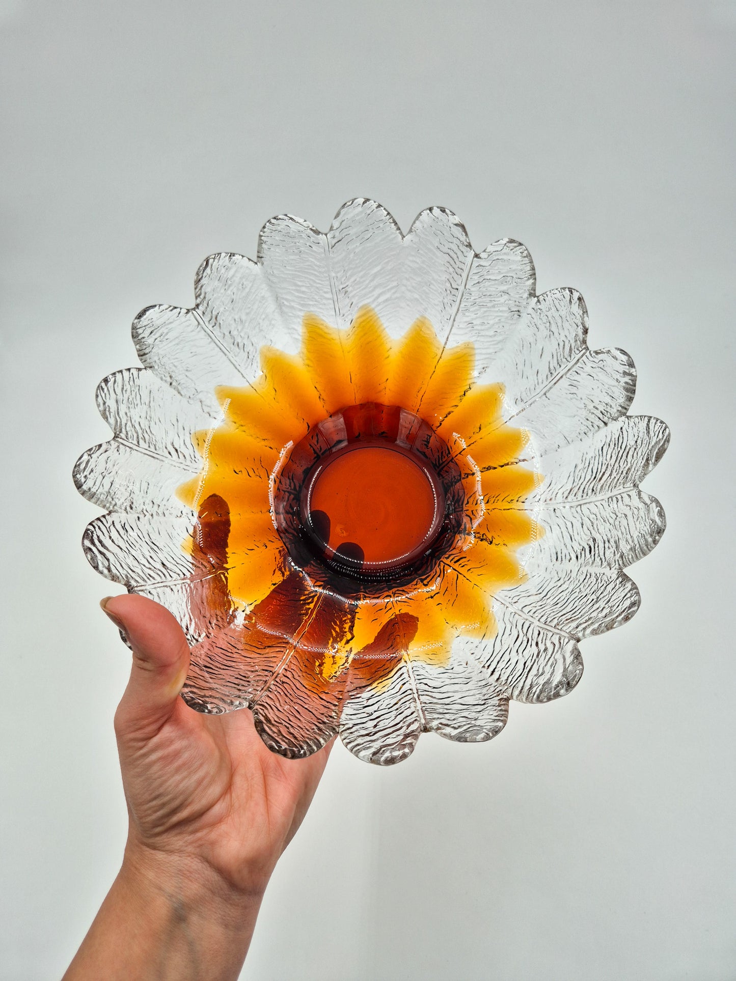 Vintage Humppila Glass Bowl – Amber Sunflower Pressed Glass – Finnish 1970s Art Glass