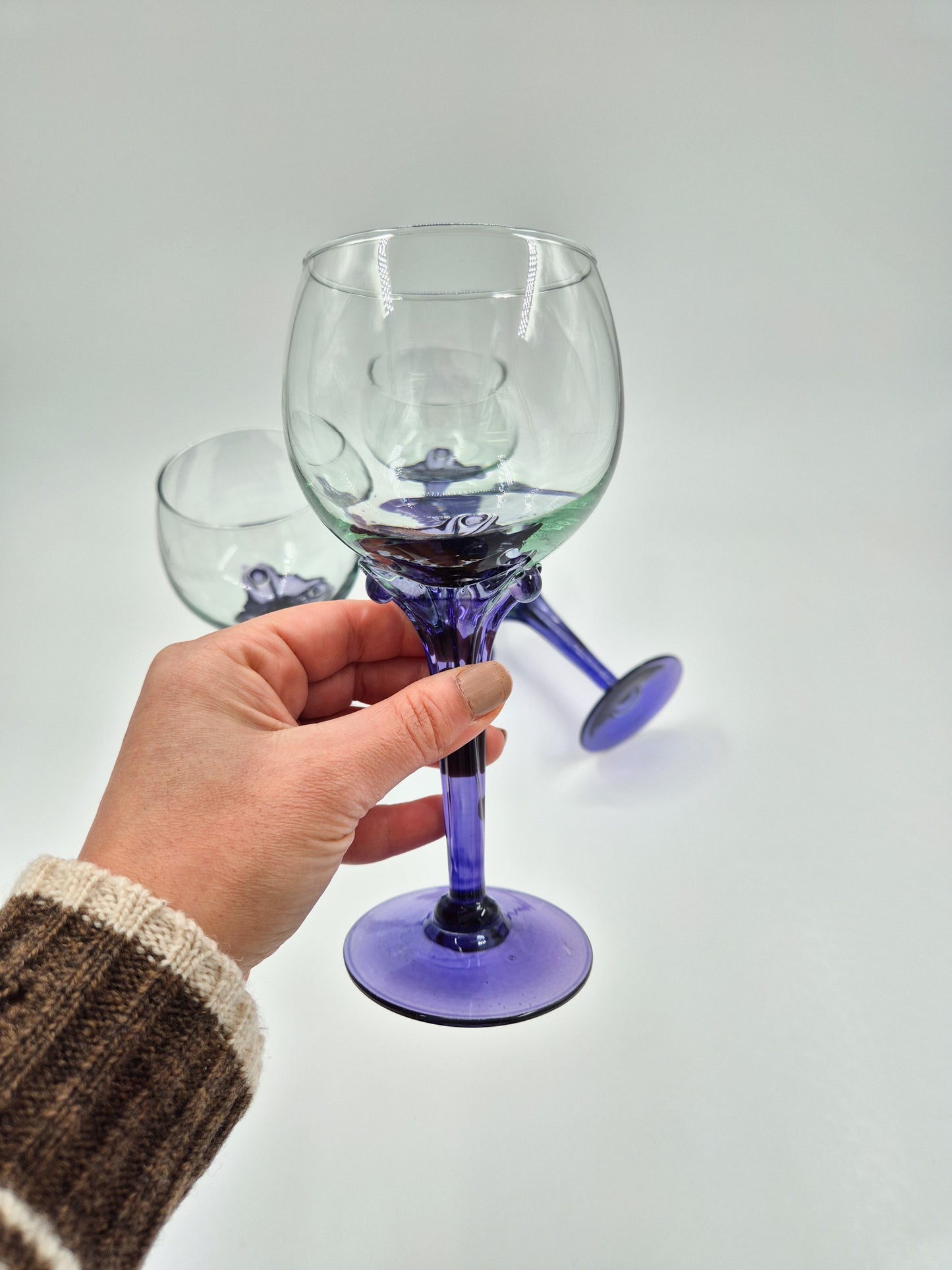 Set of 4 Murano Style Wine Glasses – Purple Stem Goblets – Hand Blown Italian Style