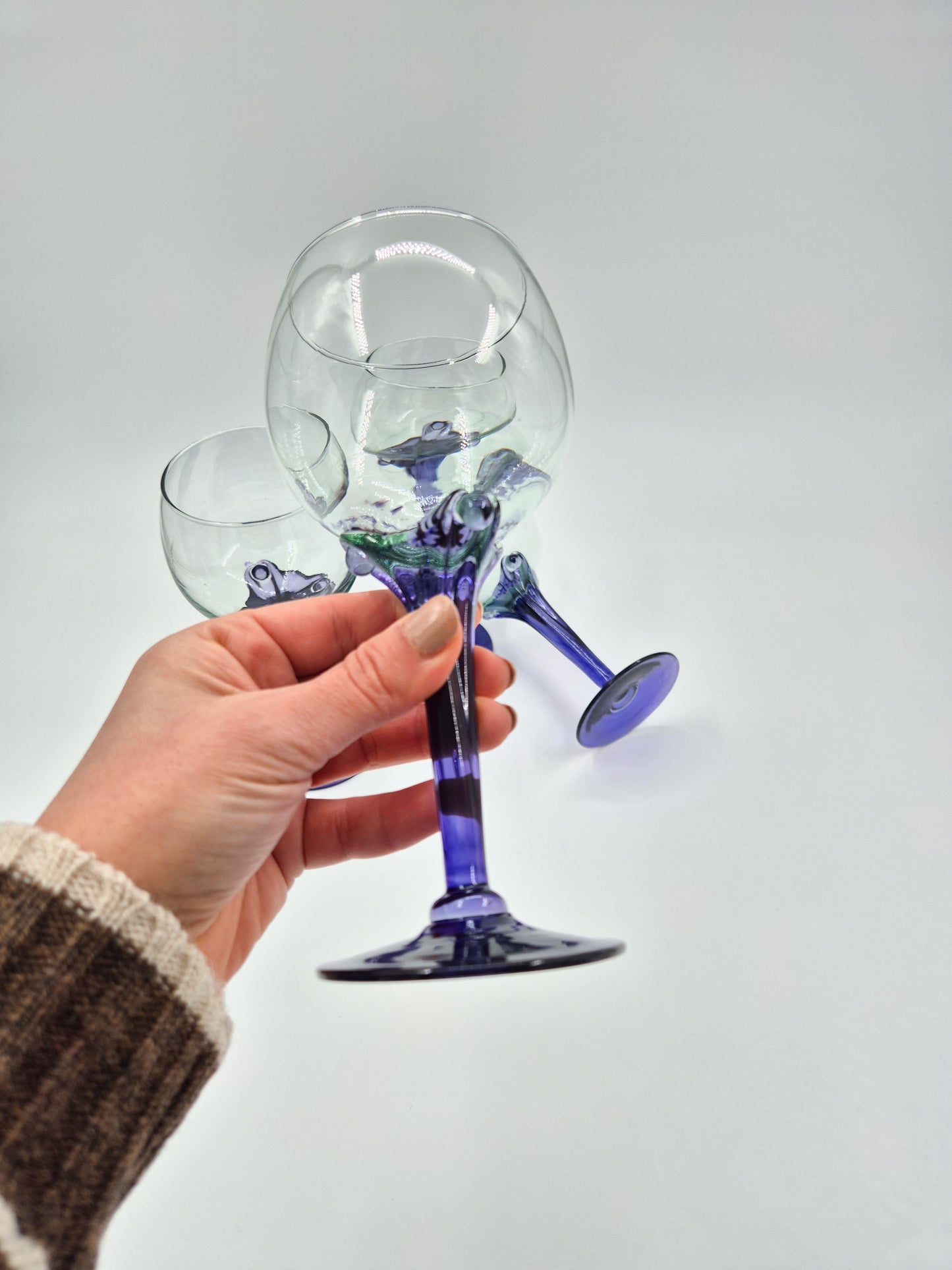 Set of 4 Murano Style Wine Glasses – Purple Stem Goblets – Hand Blown Italian Style