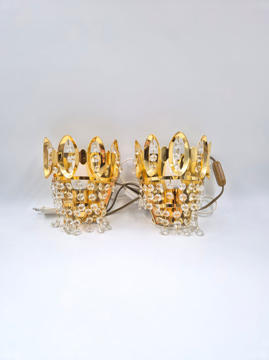 Vintage Crystal Wall Lamps Gold Pair 18 cm