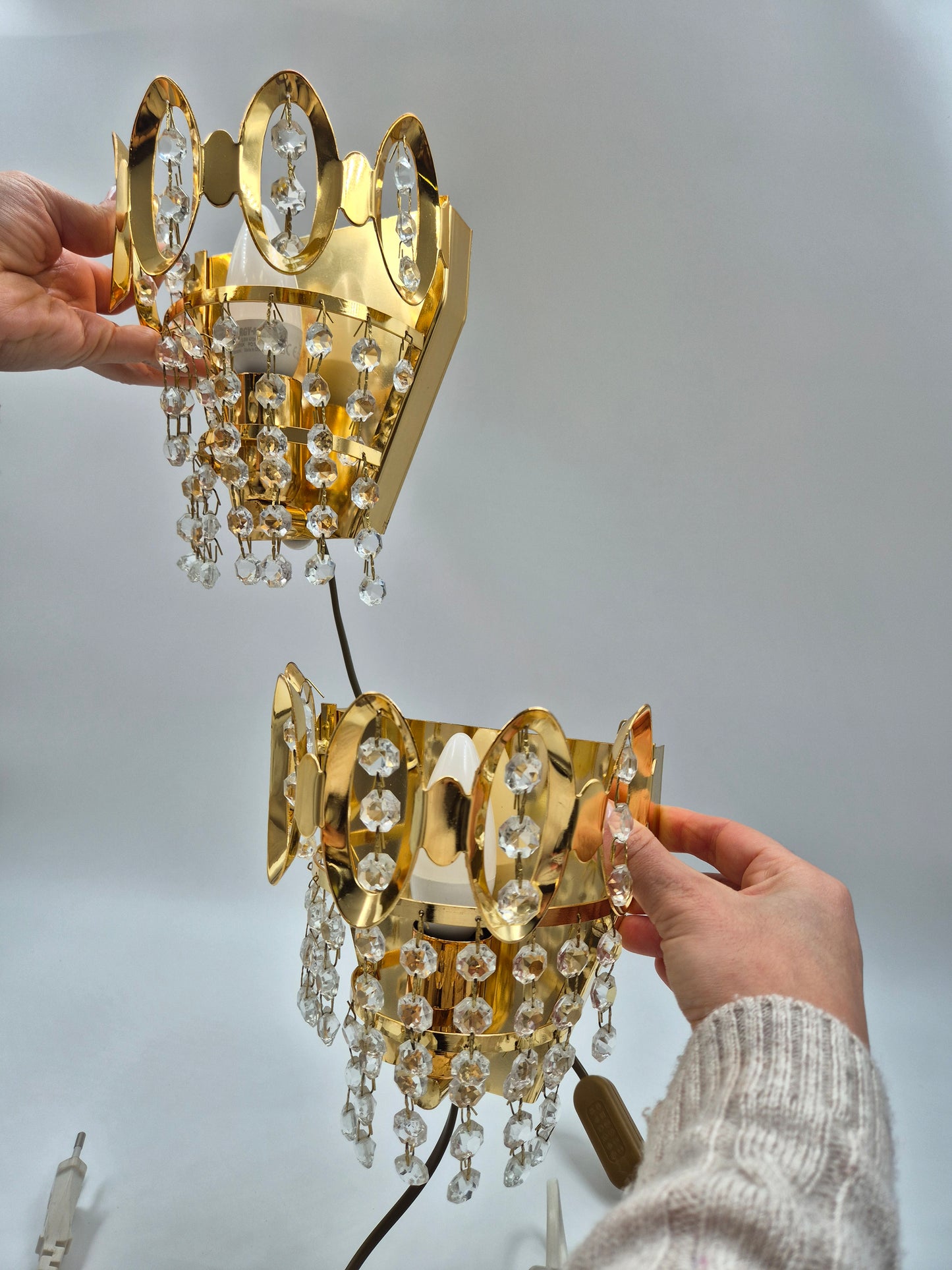 Vintage Crystal Wall Lamps Gold Pair 18 cm