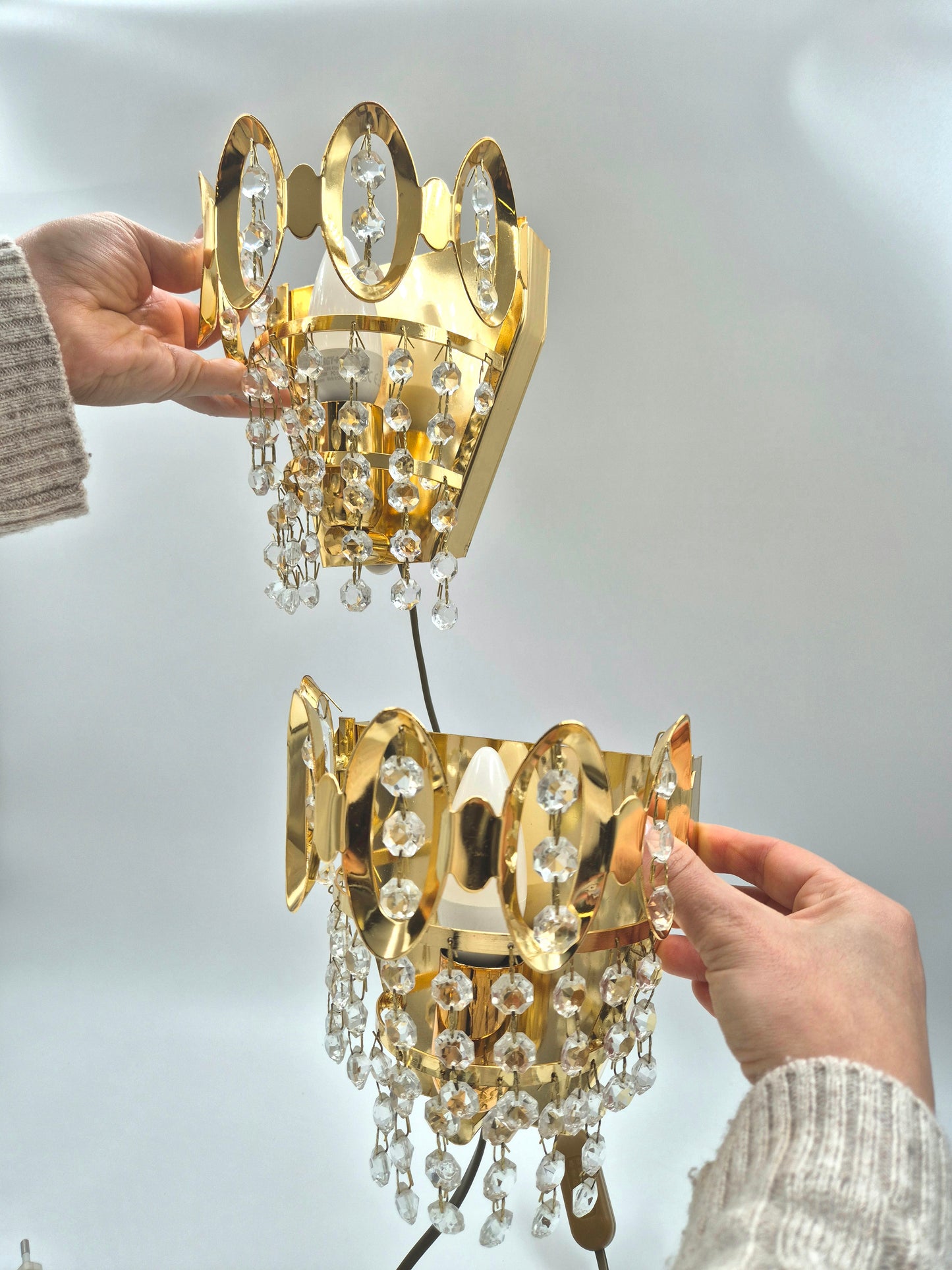 Vintage Crystal Wall Lamps Gold Pair 18 cm