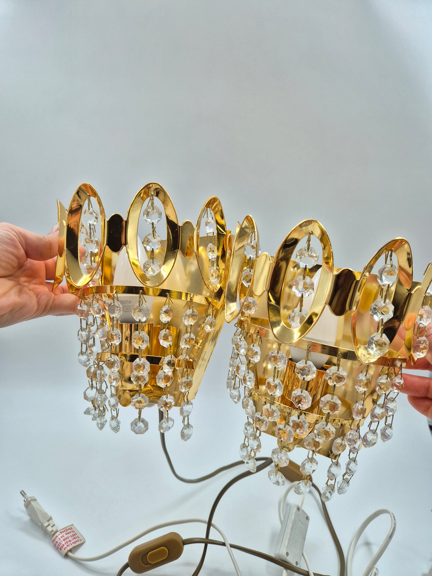 Vintage Crystal Wall Lamps Gold Pair 18 cm