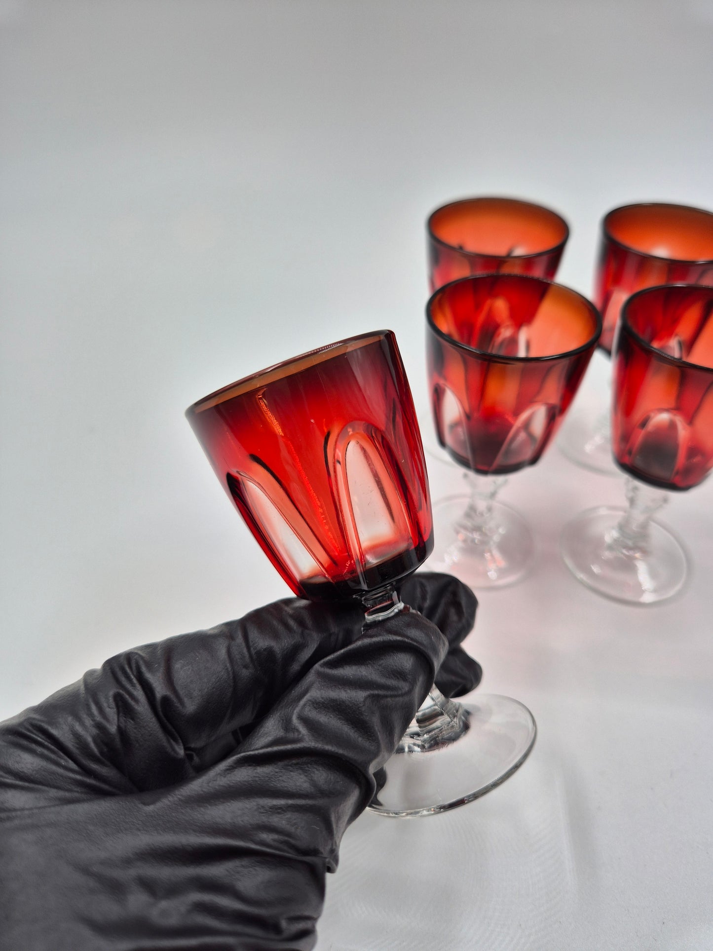 Set of 5 Cristal d’Arques Durand Shot Glasses – Ruby Red Vintage Snaps Glasses France
