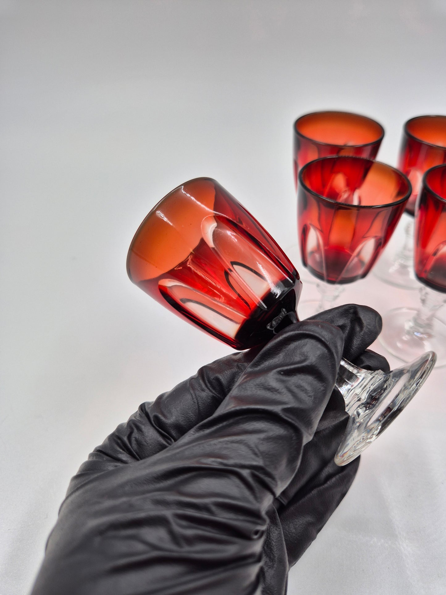 Set of 5 Cristal d’Arques Durand Shot Glasses – Ruby Red Vintage Snaps Glasses France