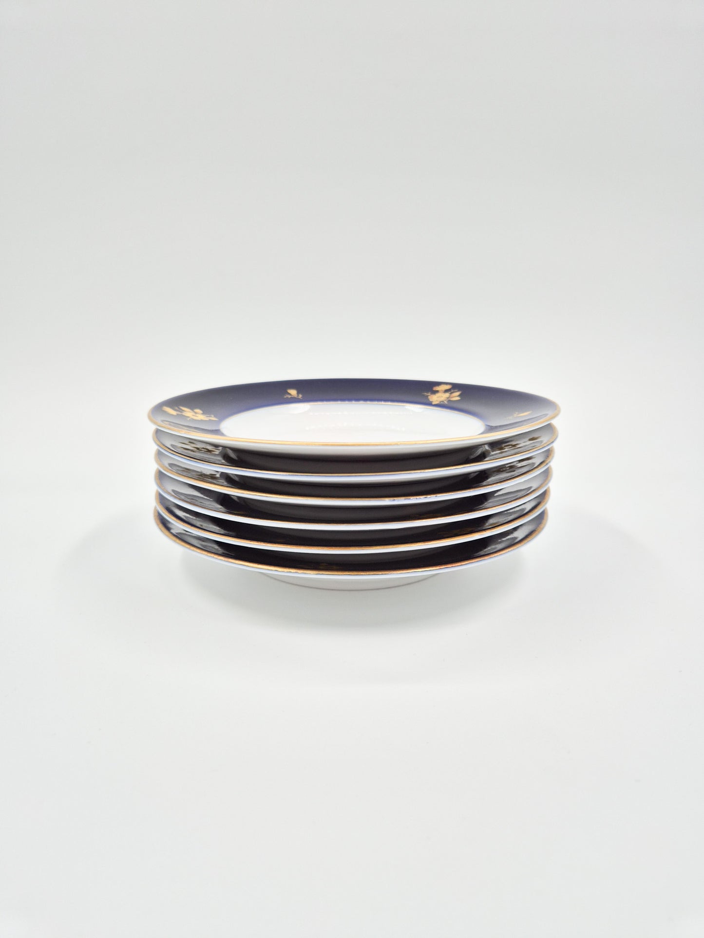Set of 6 Lomonosov Golden Flowers Dessert Plates – Cobalt Blue & Gold USSR Porcelain 18 cm