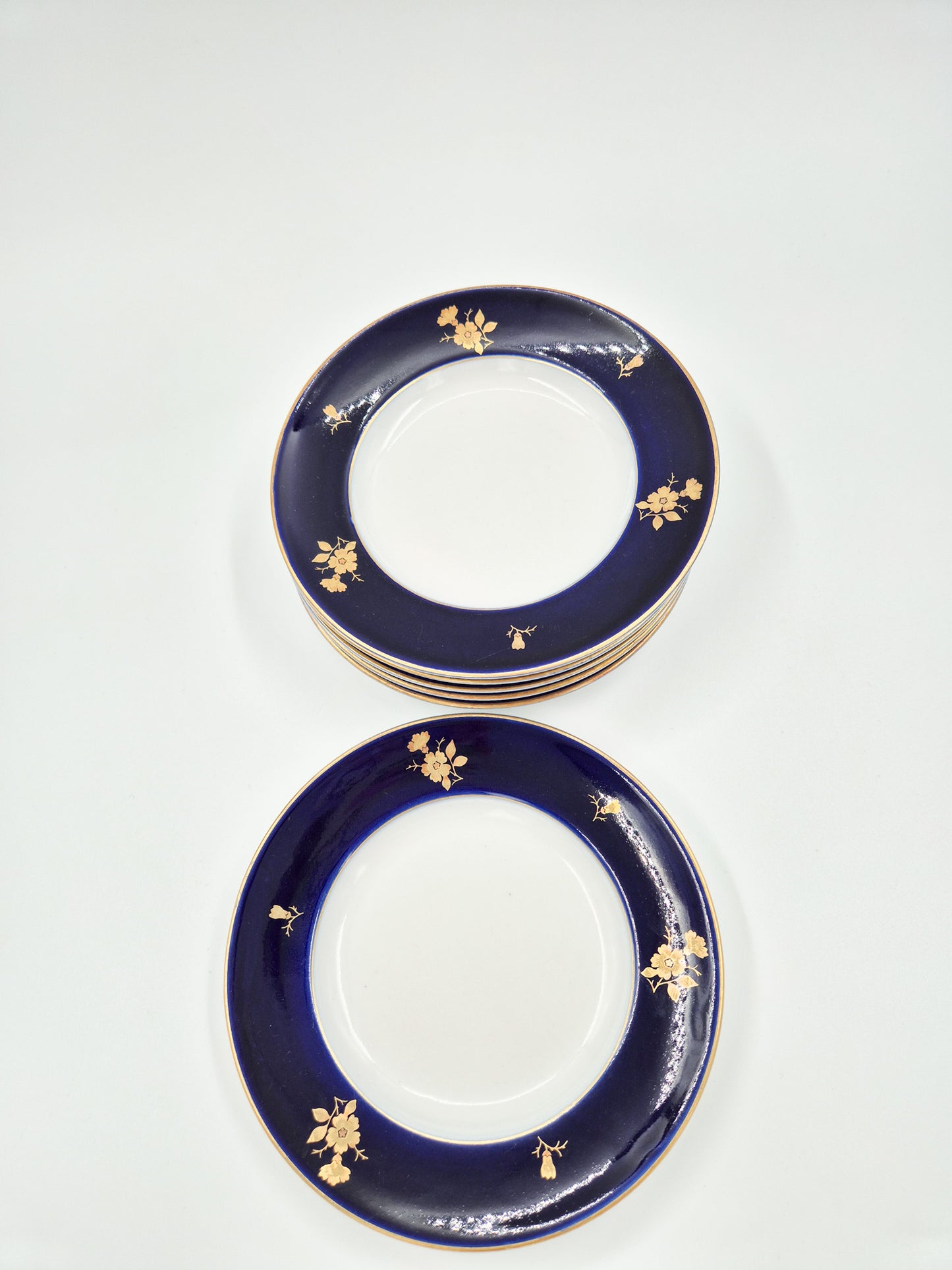 Set of 6 Lomonosov Golden Flowers Dessert Plates – Cobalt Blue & Gold USSR Porcelain 18 cm