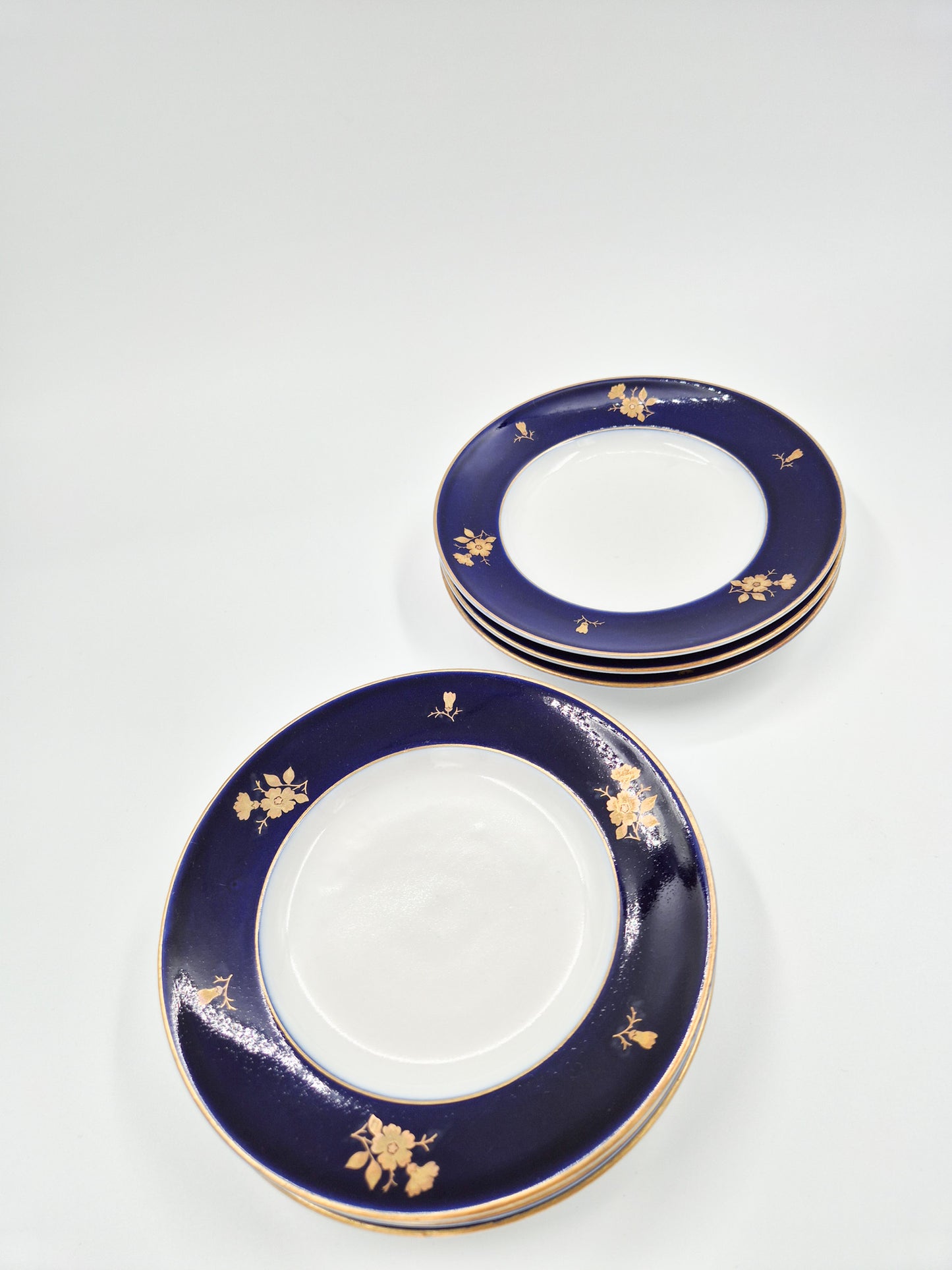 Set of 6 Lomonosov Golden Flowers Dessert Plates – Cobalt Blue & Gold USSR Porcelain 18 cm