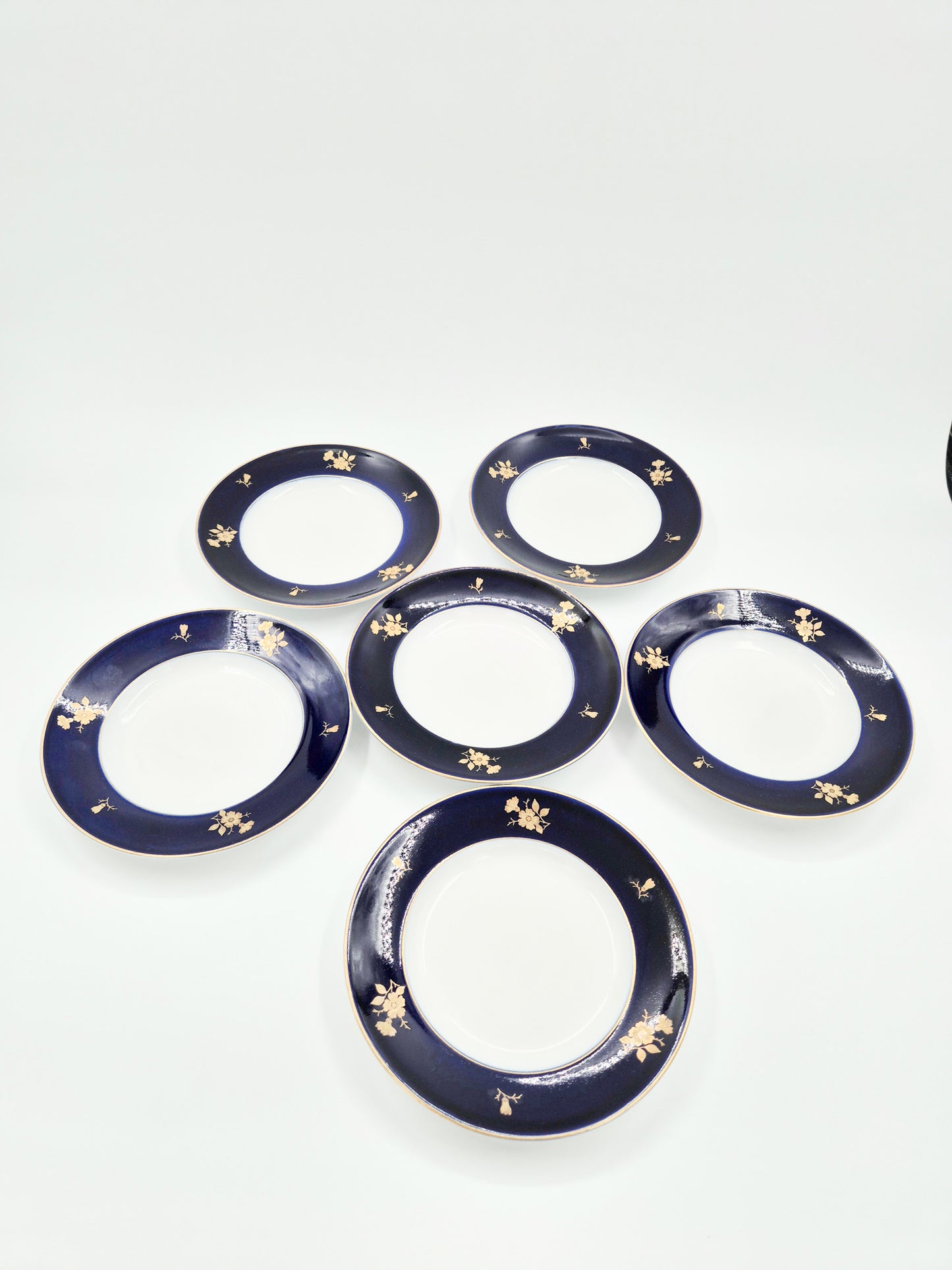 Set of 6 Lomonosov Golden Flowers Dessert Plates – Cobalt Blue & Gold USSR Porcelain 18 cm