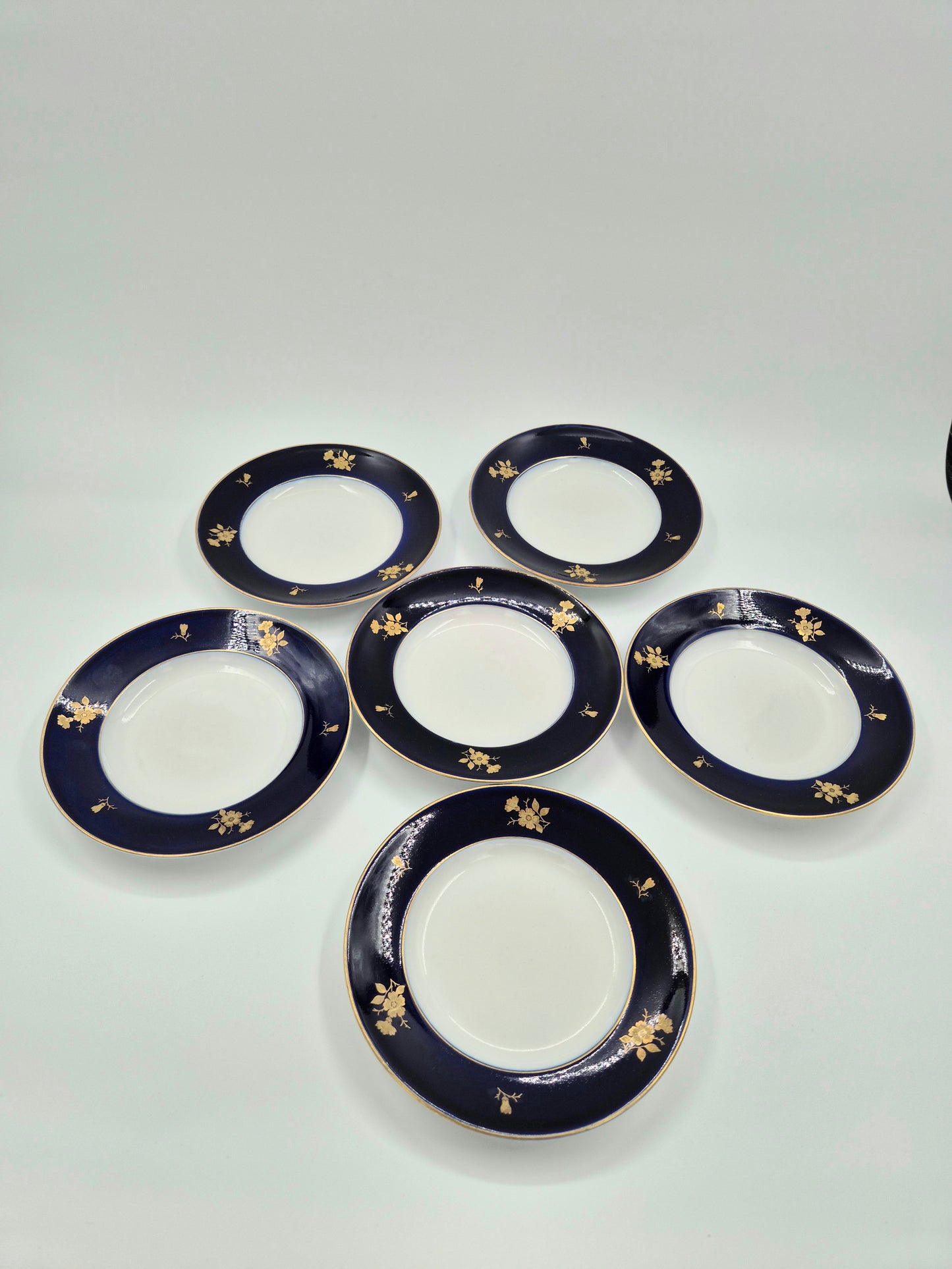 Set of 6 Lomonosov Golden Flowers Dessert Plates – Cobalt Blue & Gold USSR Porcelain 18 cm