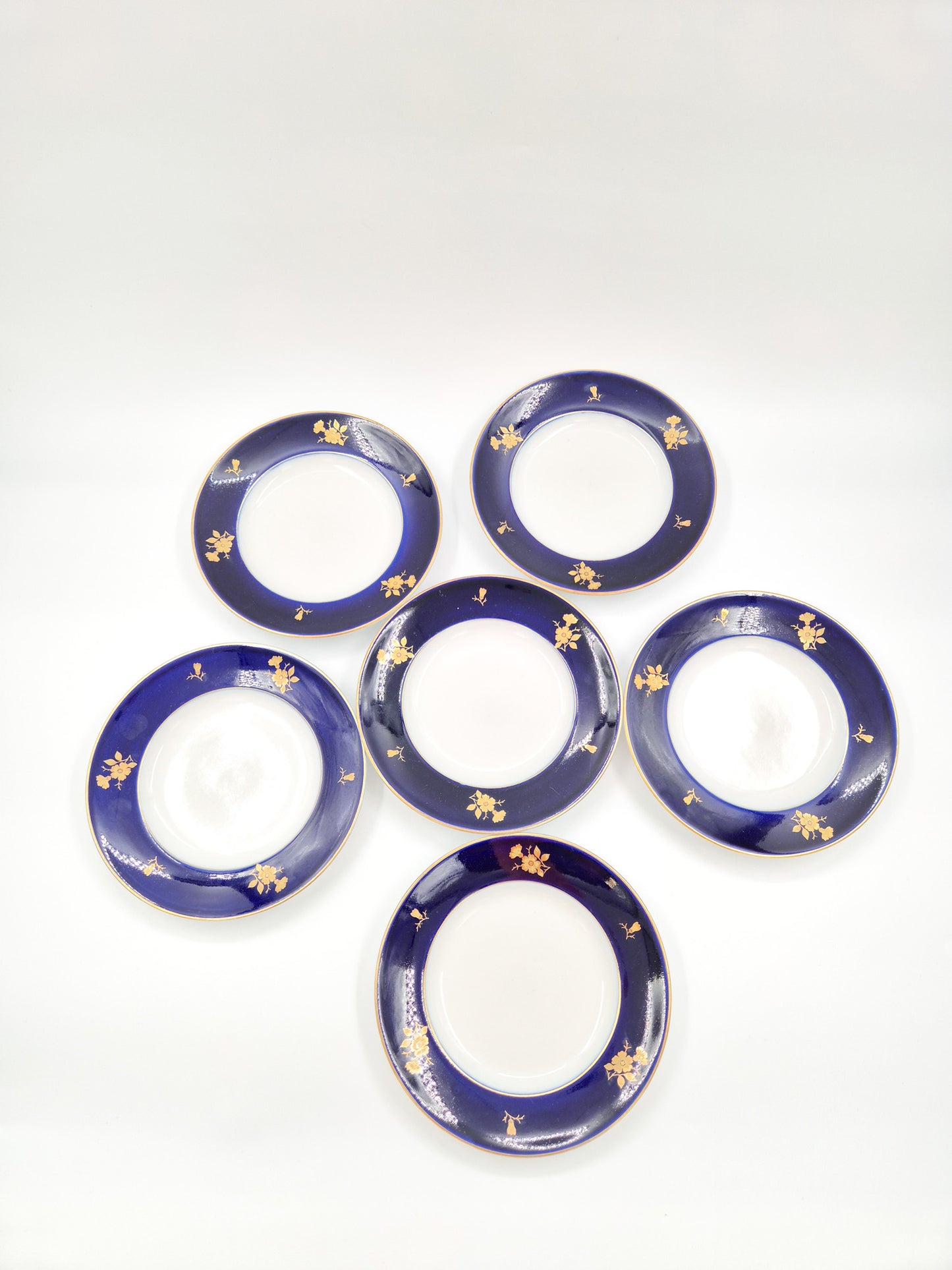 Set of 6 Lomonosov Golden Flowers Dessert Plates – Cobalt Blue & Gold USSR Porcelain 18 cm