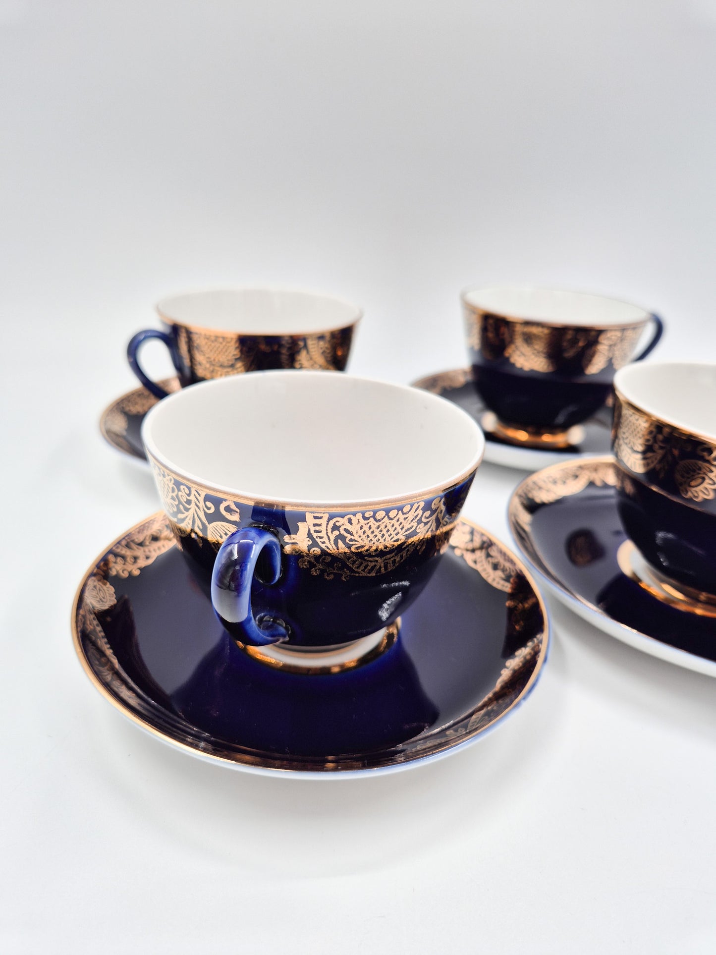 Lomonosov Cobalt Blue Cup & Saucer Floral Gold Porcelain USSR Vintage - Set of Four