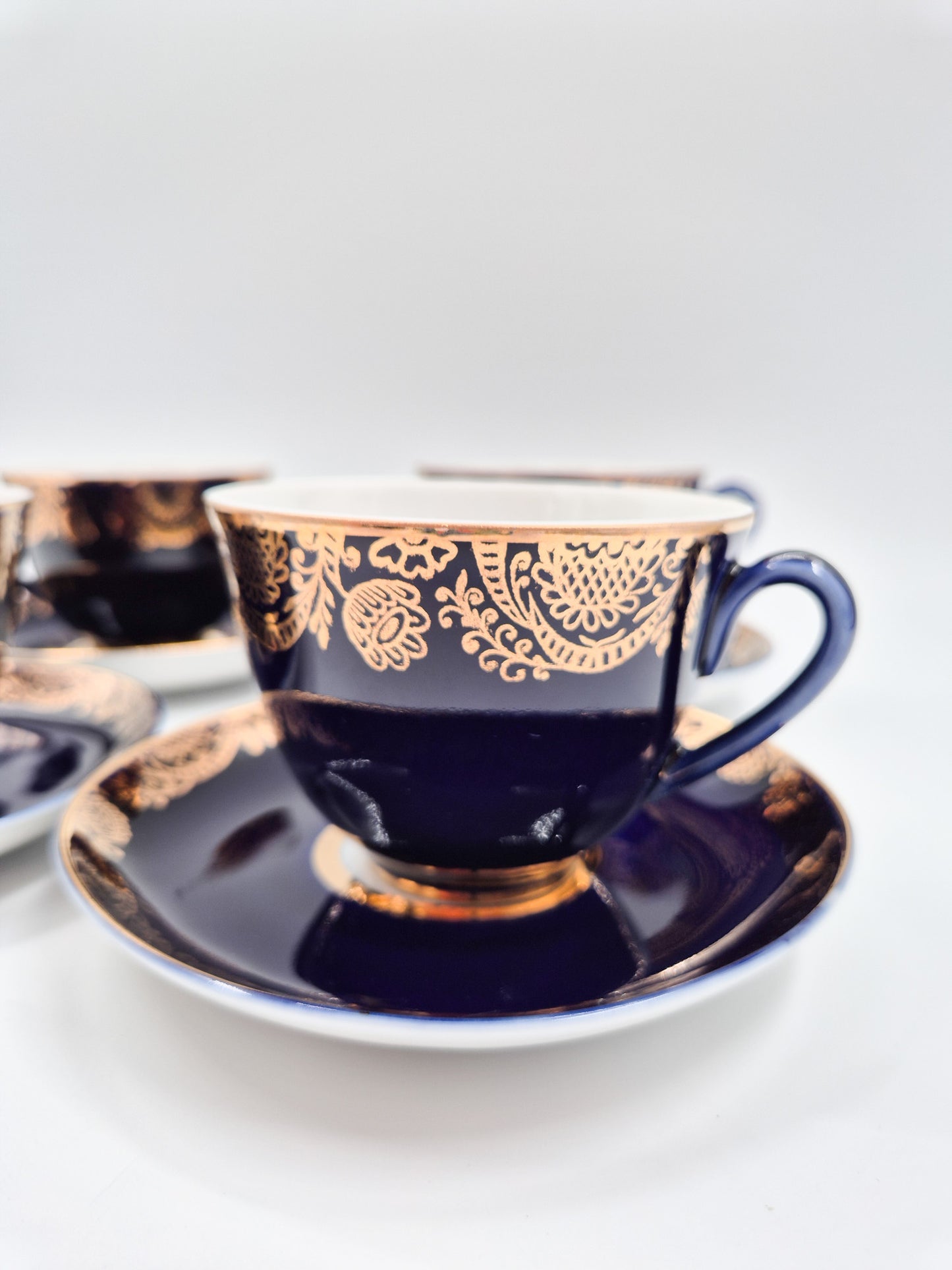 Lomonosov Cobalt Blue Cup & Saucer Floral Gold Porcelain USSR Vintage - Set of Four
