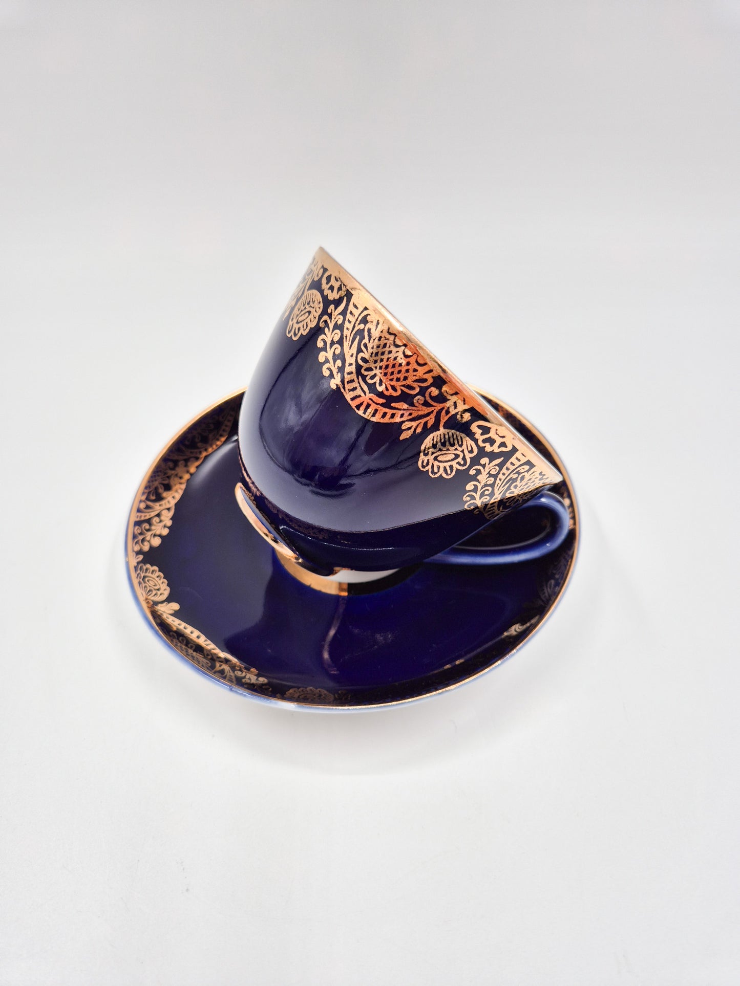 Lomonosov Cobalt Blue Cup & Saucer Floral Gold Porcelain USSR Vintage - Set of Four