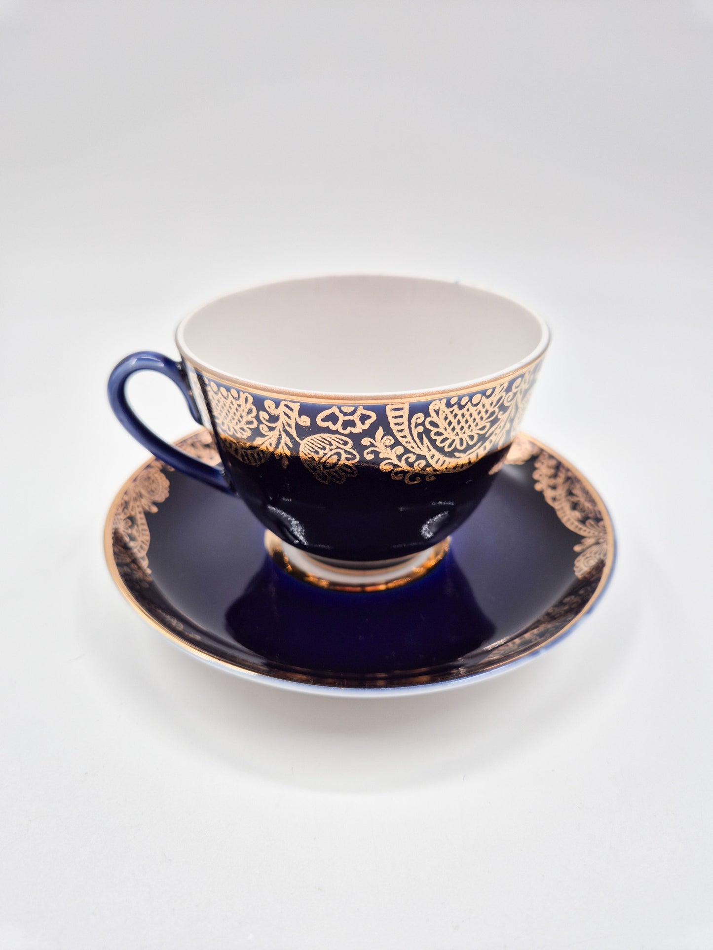 Lomonosov Cobalt Blue Cup & Saucer Floral Gold Porcelain USSR Vintage - Set of Four