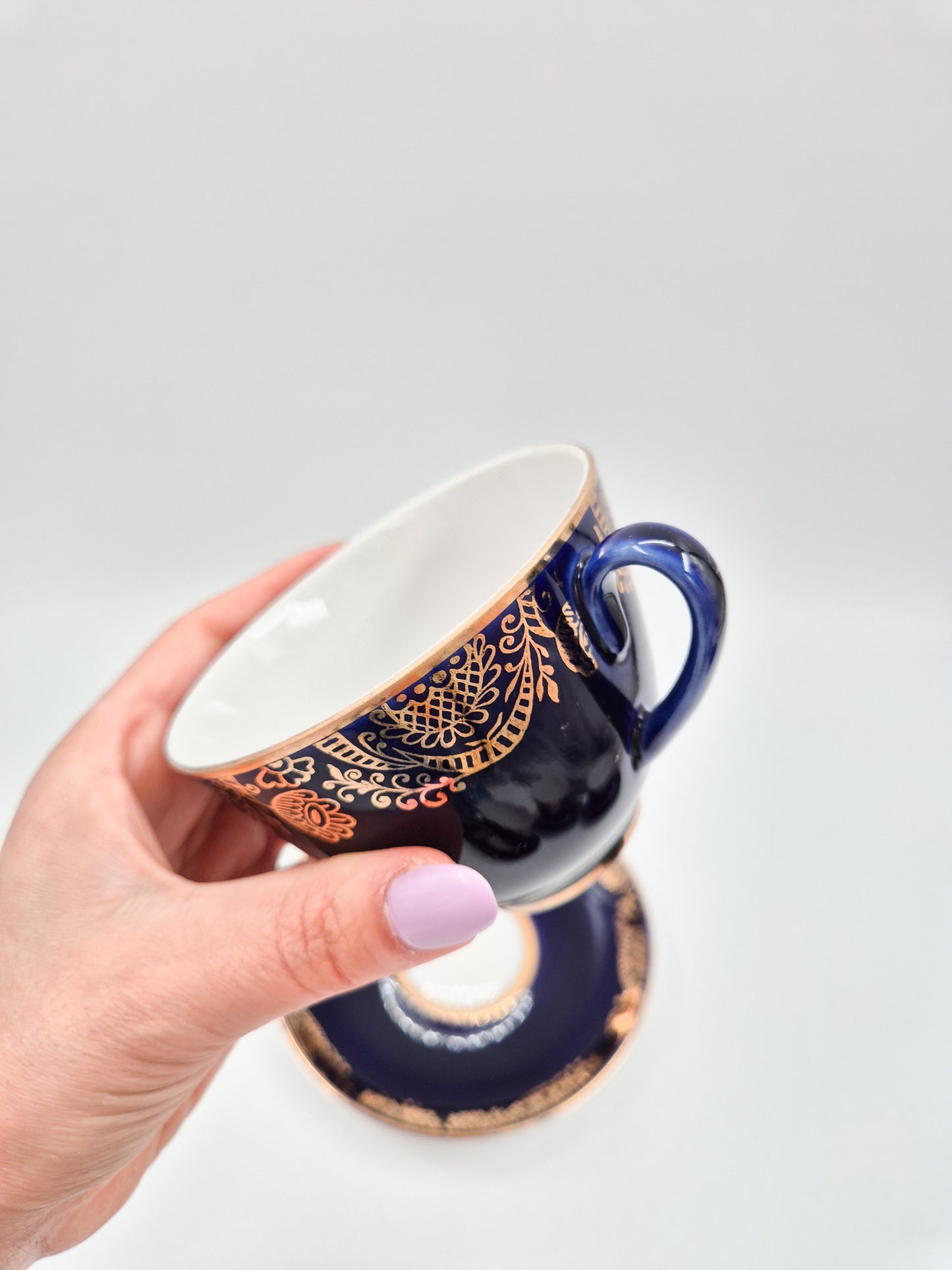 Lomonosov Cobalt Blue Cup & Saucer Floral Gold Porcelain USSR Vintage - Set of Four
